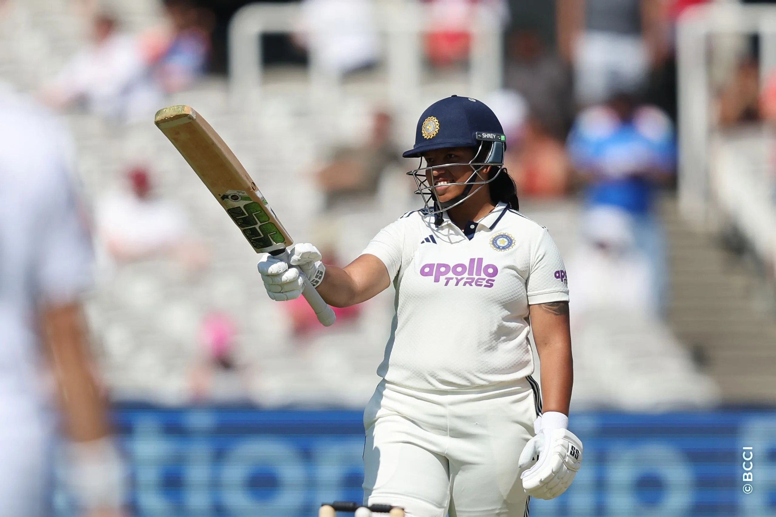 Richa Ghosh of India celebrates after scoring a fifty during Day 3 of the Only Test match between England Women and India Women at Lord's Cricket Ground, London, England, on July 12, 2026.Photo by Pankaj Nangia / CREIMAS for BCCI