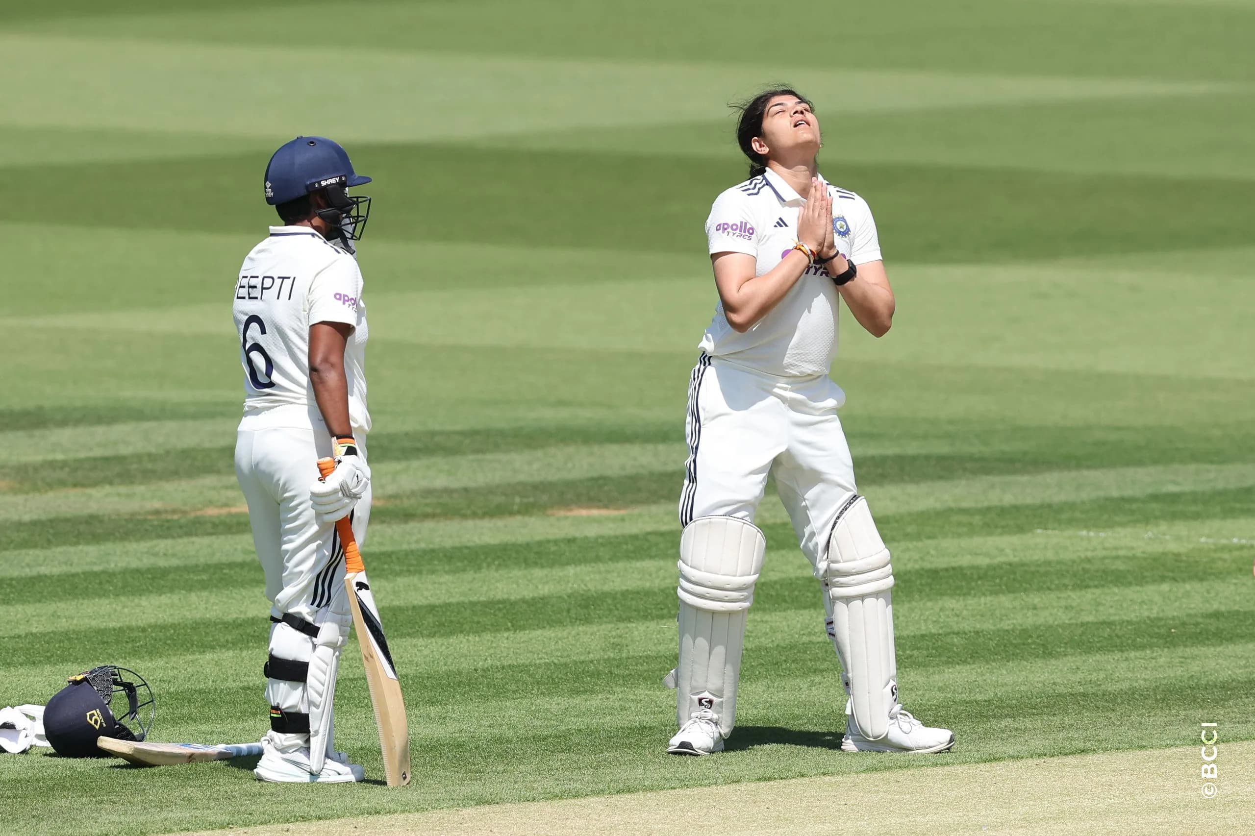 Yastika Bhatia of India celebrates after scoring a hundred  during Day 3 of the Only Test match between England Women and India Women at Lord's Cricket Ground, London, England, on July 12, 2026.Photo by Pankaj Nangia / CREIMAS for BCCI