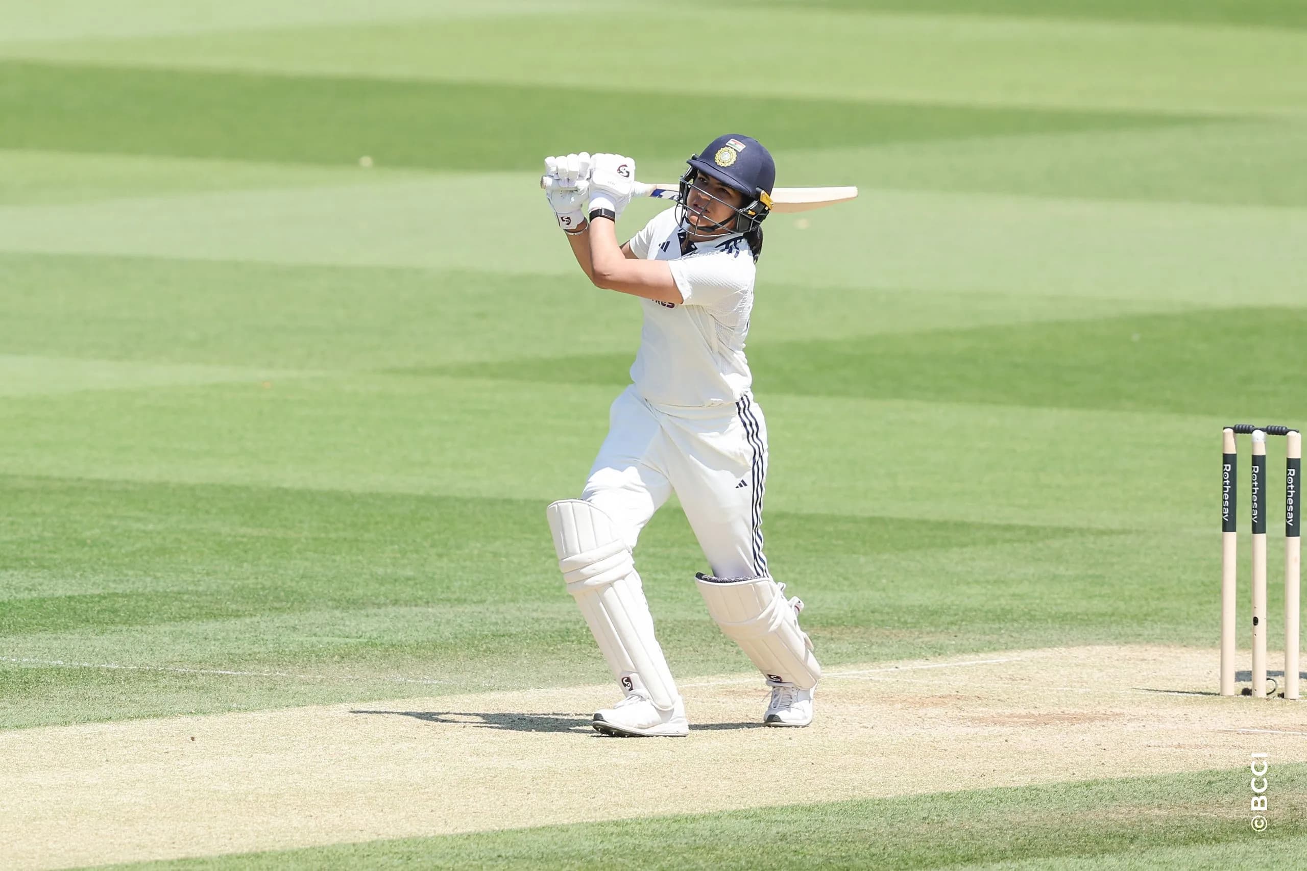 Yastika Bhatia of India plays a shot during Day 3 of the Only Test match between England Women and India Women at Lord's Cricket Ground, London, England, on July 12, 2026.Photo by Pankaj Nangia / CREIMAS for BCCI