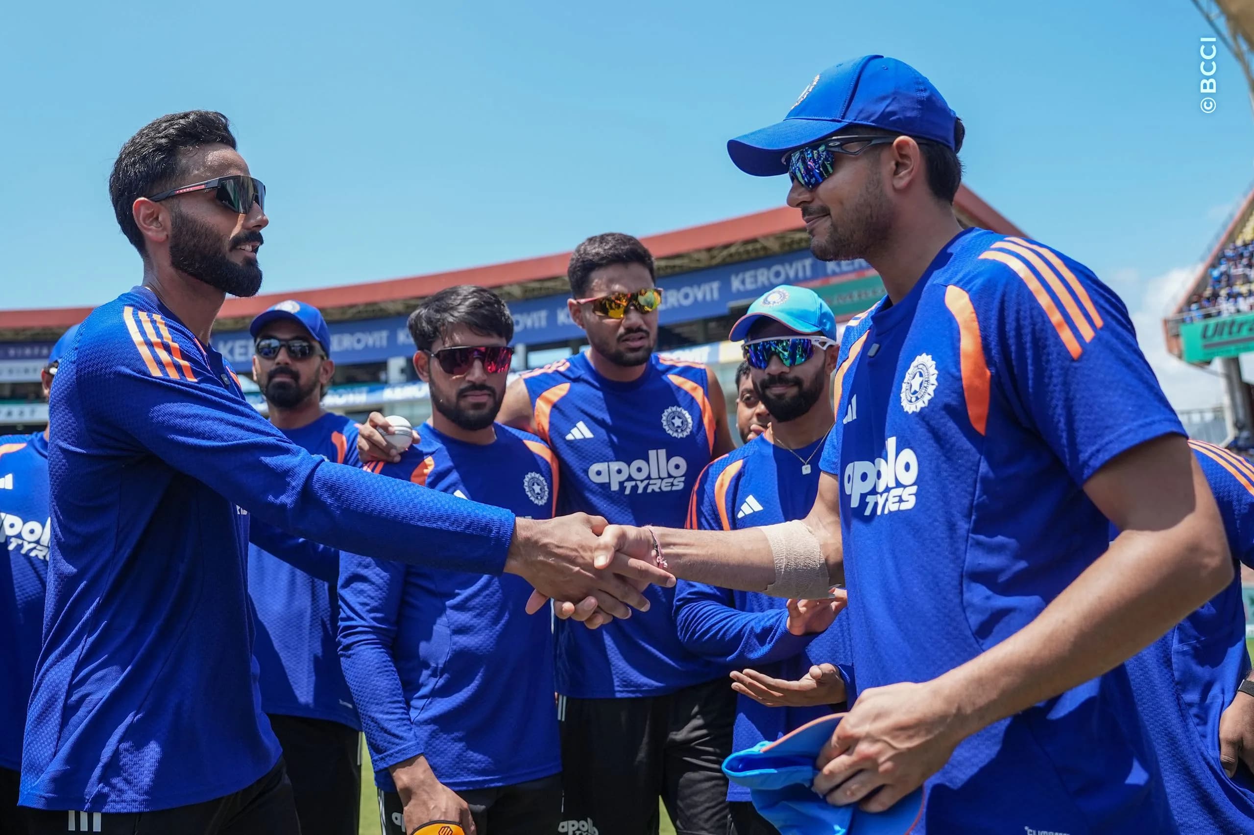 Shubman Gill of India present debutant cap to Naman Dhir of India during the 1st ODI match between India and West Indies at the Sports Hub International Cricket Stadium, Thiruvananthapuram India on September 27, 2026.

Photo: Faheem Hussain / CREIMAS for BCCI