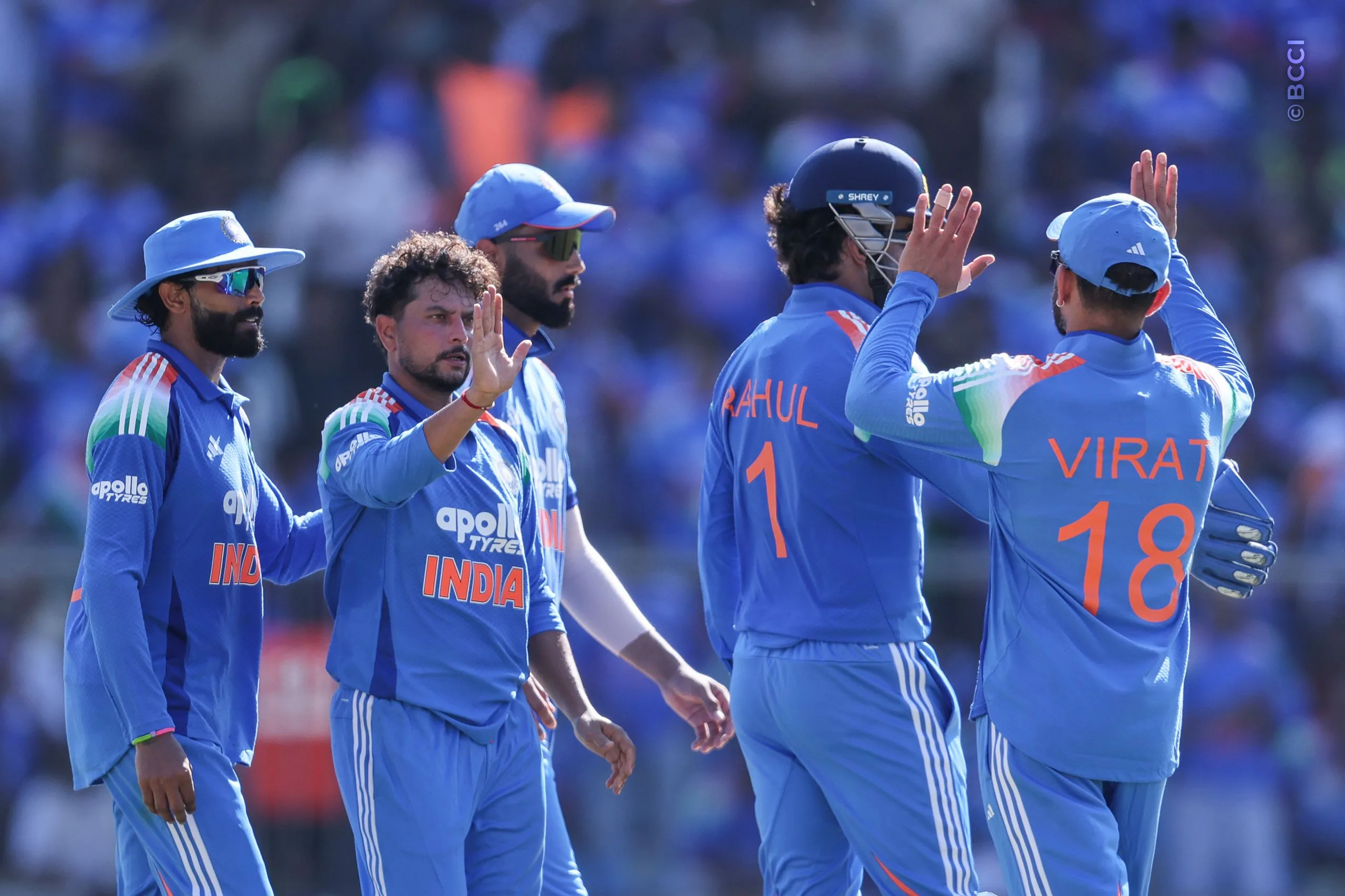 Kuldeep Yadav of India celebrates the wicket of John Campbell of West Indies during the 1st ODI match between India and West Indies at the Sports Hub International Cricket Stadium, Thiruvananthapuram India on September 27, 2026.

Photo: Pankaj Nangia / CREIMAS for BCCI