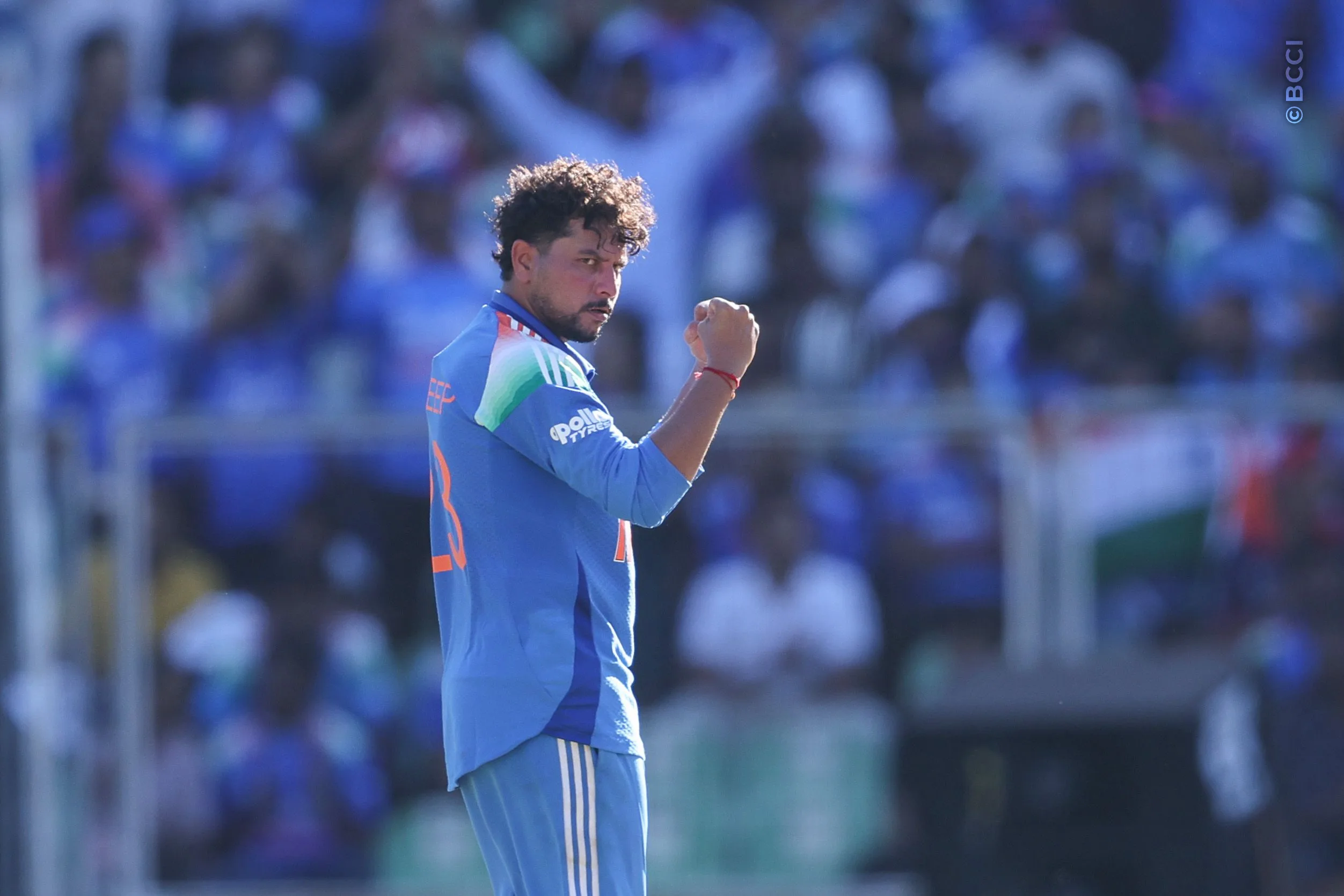 Kuldeep Yadav of India  celebrates the wicket of Shai Hope of West Indies during the 1st ODI match between India and West Indies at the Sports Hub International Cricket Stadium, Thiruvananthapuram India on September 27, 2026.

Photo: Pankaj Nangia / CREIMAS for BCCI