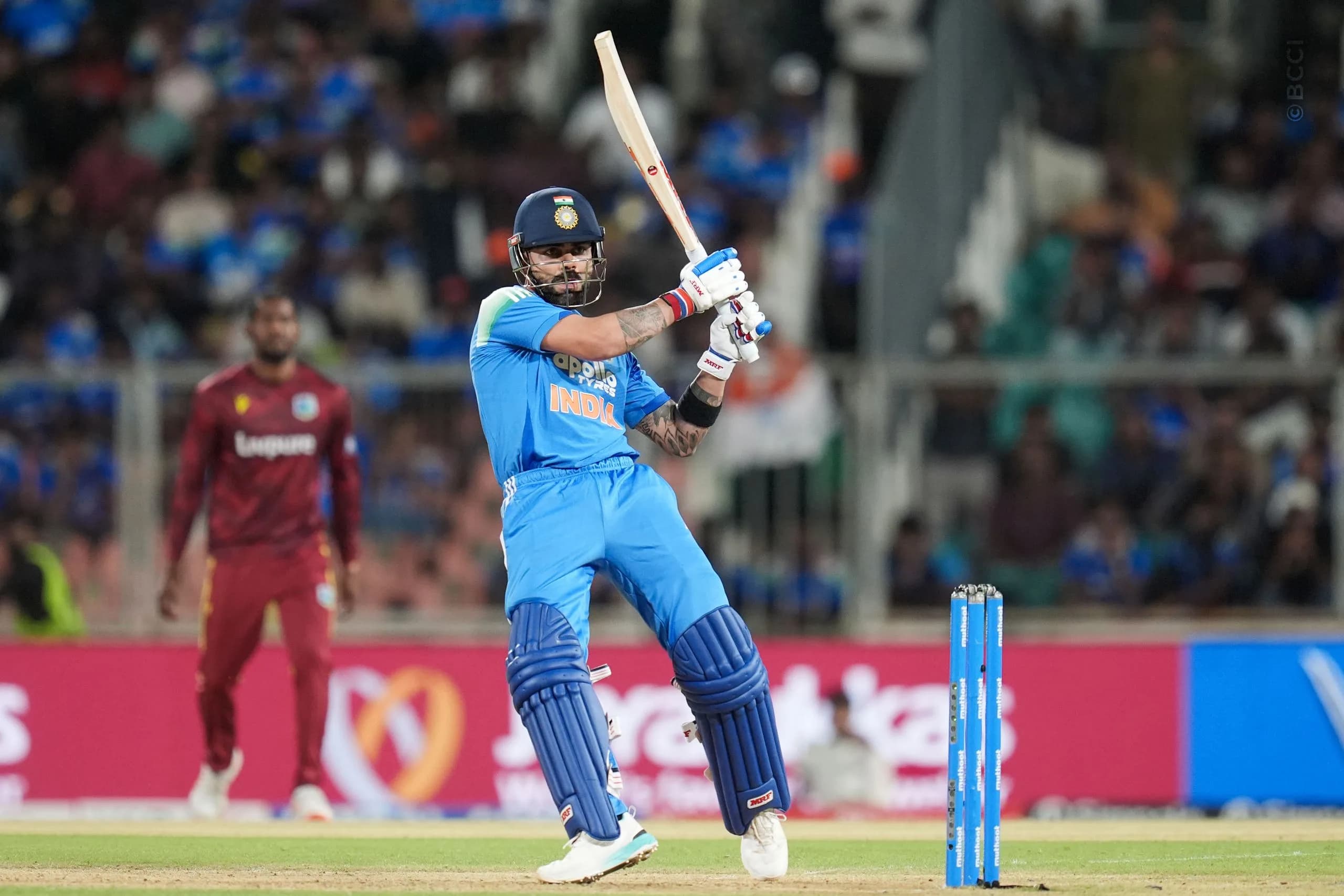 Virat Kohli of India plays a shot during the 1st ODI match between India and West Indies at the Sports Hub International Cricket Stadium, Thiruvananthapuram India on September 27, 2026.

Photo: Faheem Hussain / CREIMAS for BCCI