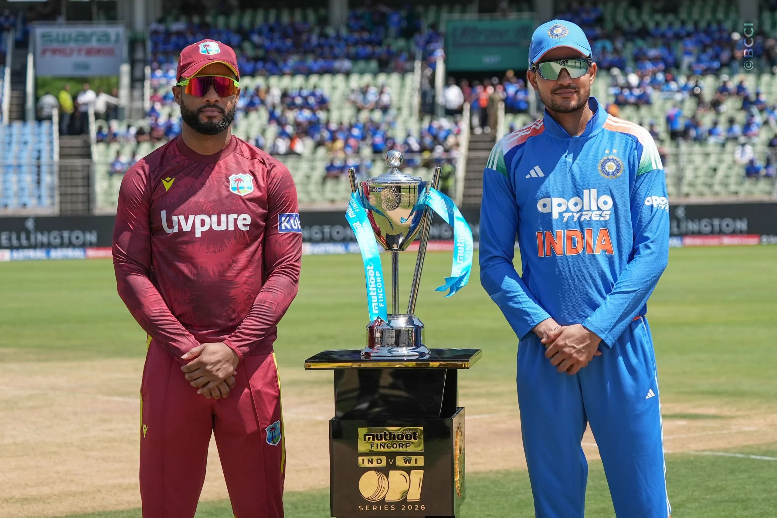 Shubman Gill of India and Shai Hope of West Indies at the toss during the 1st ODI match between India and West Indies at the Sports Hub International Cricket Stadium, Thiruvananthapuram India on September 27, 2026.

Photo: Faheem Hussain / CREIMAS for BCCI