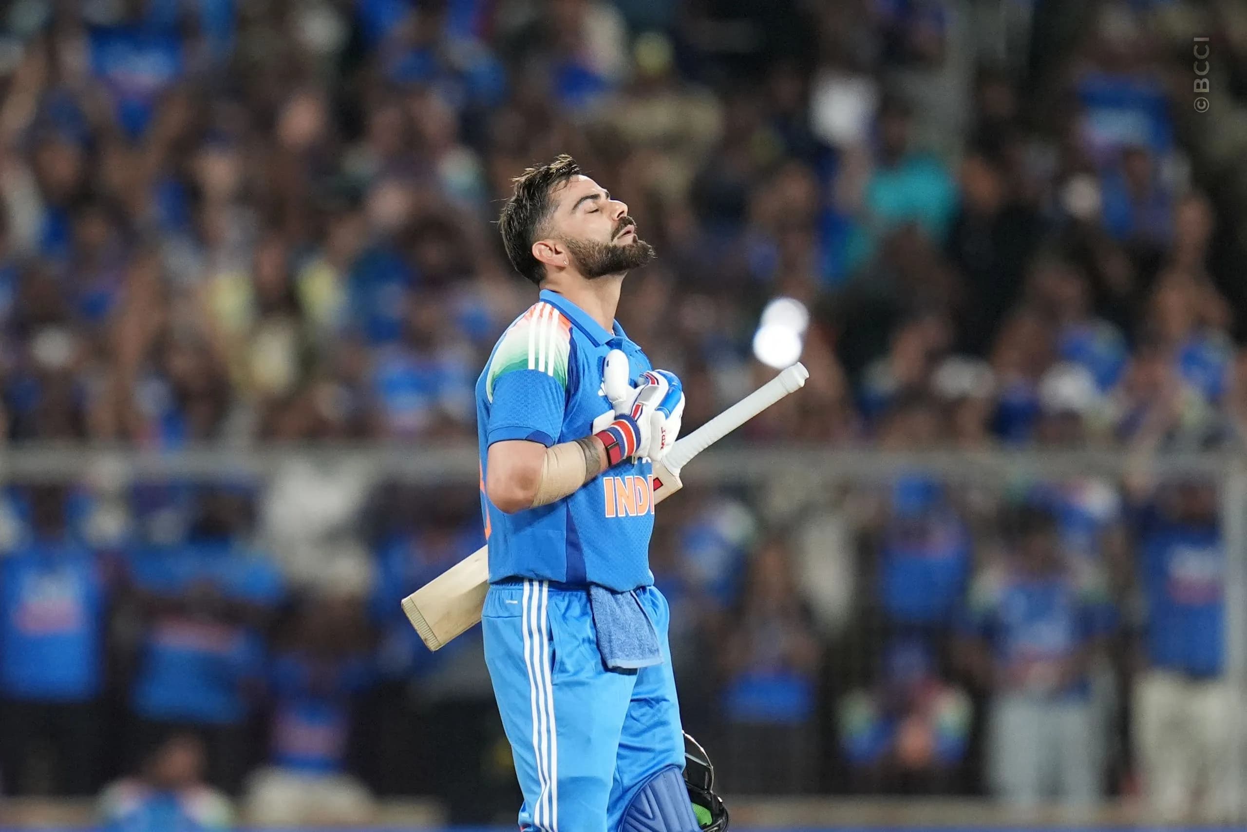 Virat Kohli of India celebrates after scoring his century during the 1st ODI match between India and West Indies at the Sports Hub International Cricket Stadium, Thiruvananthapuram India on September 27, 2026.

Photo: Faheem Hussain / CREIMAS for BCCI