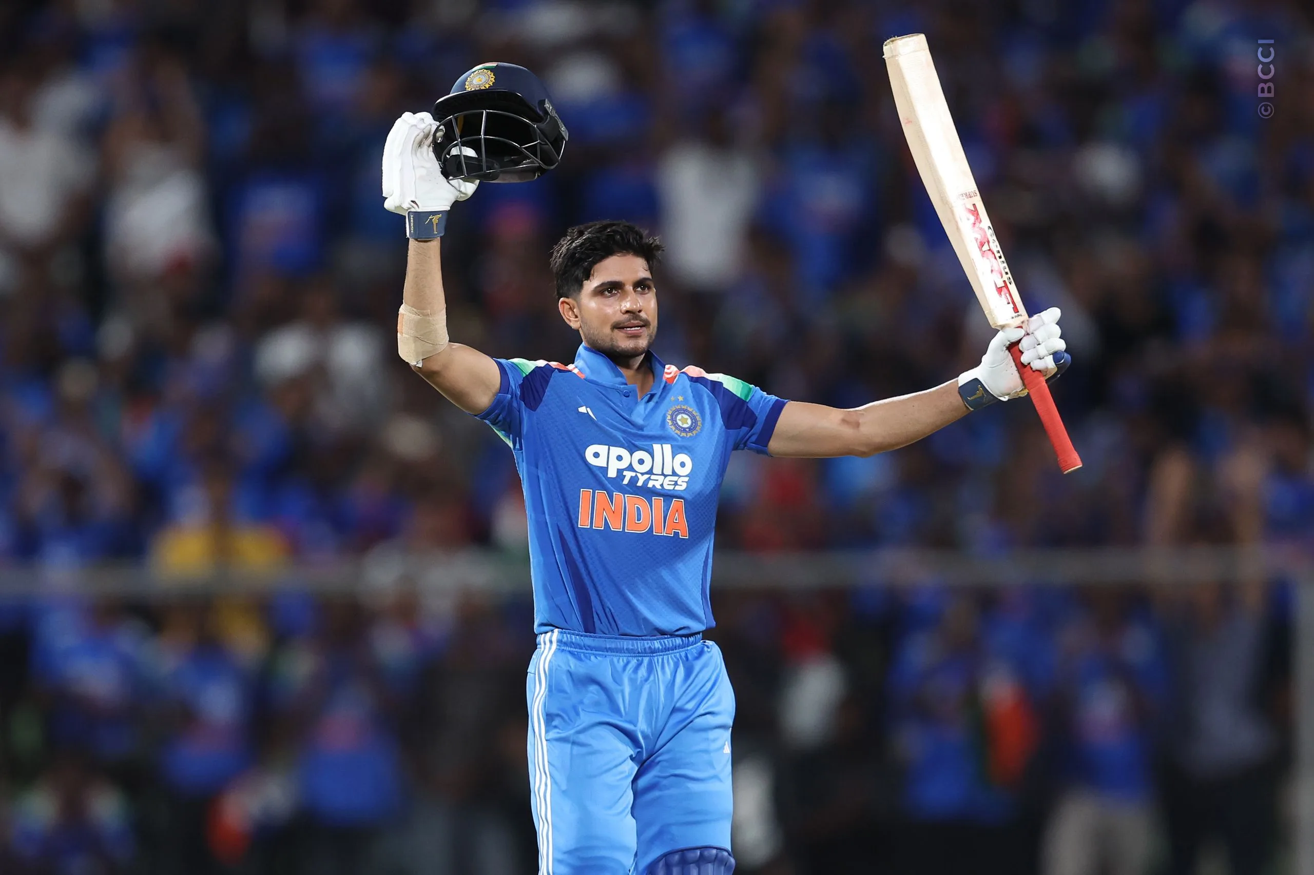 Shubman Gill of India celebrates after scoring a hundred  during the 1st ODI match between India and West Indies at the Sports Hub International Cricket Stadium, Thiruvananthapuram India on September 27, 2026.

Photo: Pankaj Nangia / CREIMAS for BCCI