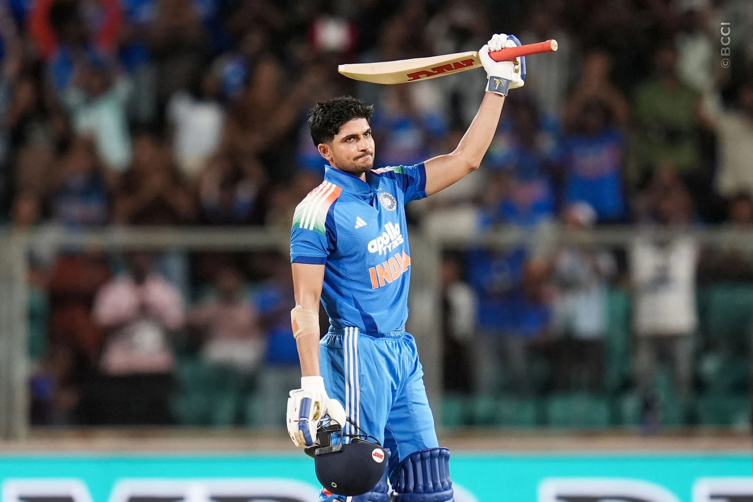 Shubman Gill of India celebrates his century during the 1st ODI match between India and West Indies at the Sports Hub International Cricket Stadium, Thiruvananthapuram India on September 27, 2026.

Photo: Faheem Hussain / CREIMAS for BCCI
