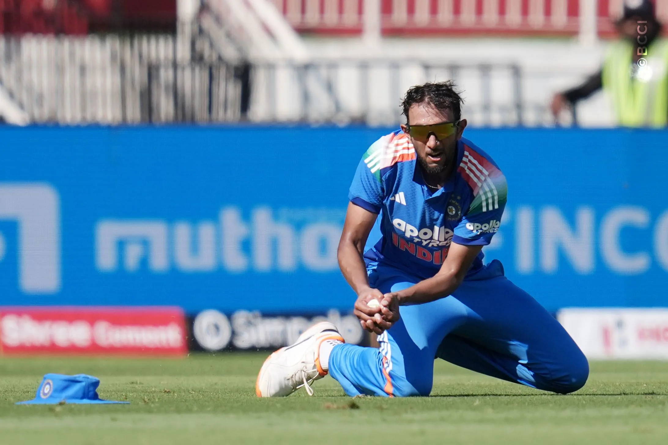 Prasidh Krishna of India takes a catch to dismiss John Campbell of West Indies during the 1st ODI match between India and West Indies at the Sports Hub International Cricket Stadium, Thiruvananthapuram India on September 27, 2026.

Photo: Faheem Hussain / CREIMAS for BCCI