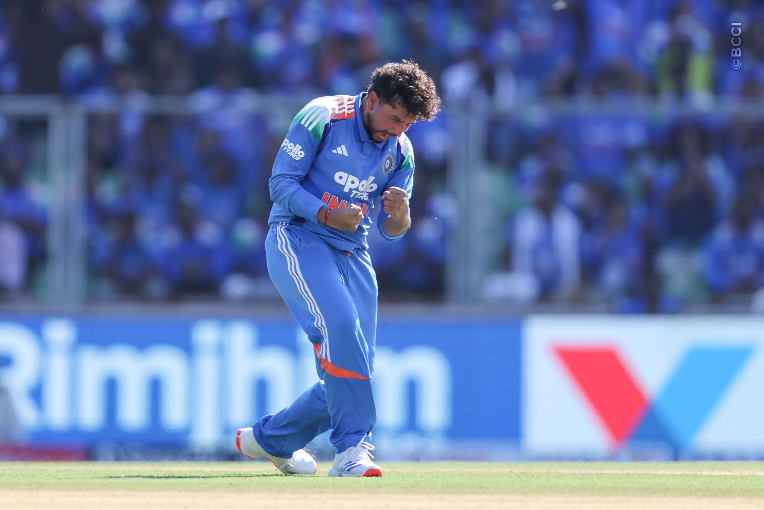 Kuldeep Yadav of India celebrates the wicket of John Campbell of West Indies during the 1st ODI match between India and West Indies at the Sports Hub International Cricket Stadium, Thiruvananthapuram India on September 27, 2026.

Photo: Pankaj Nangia / CREIMAS for BCCI