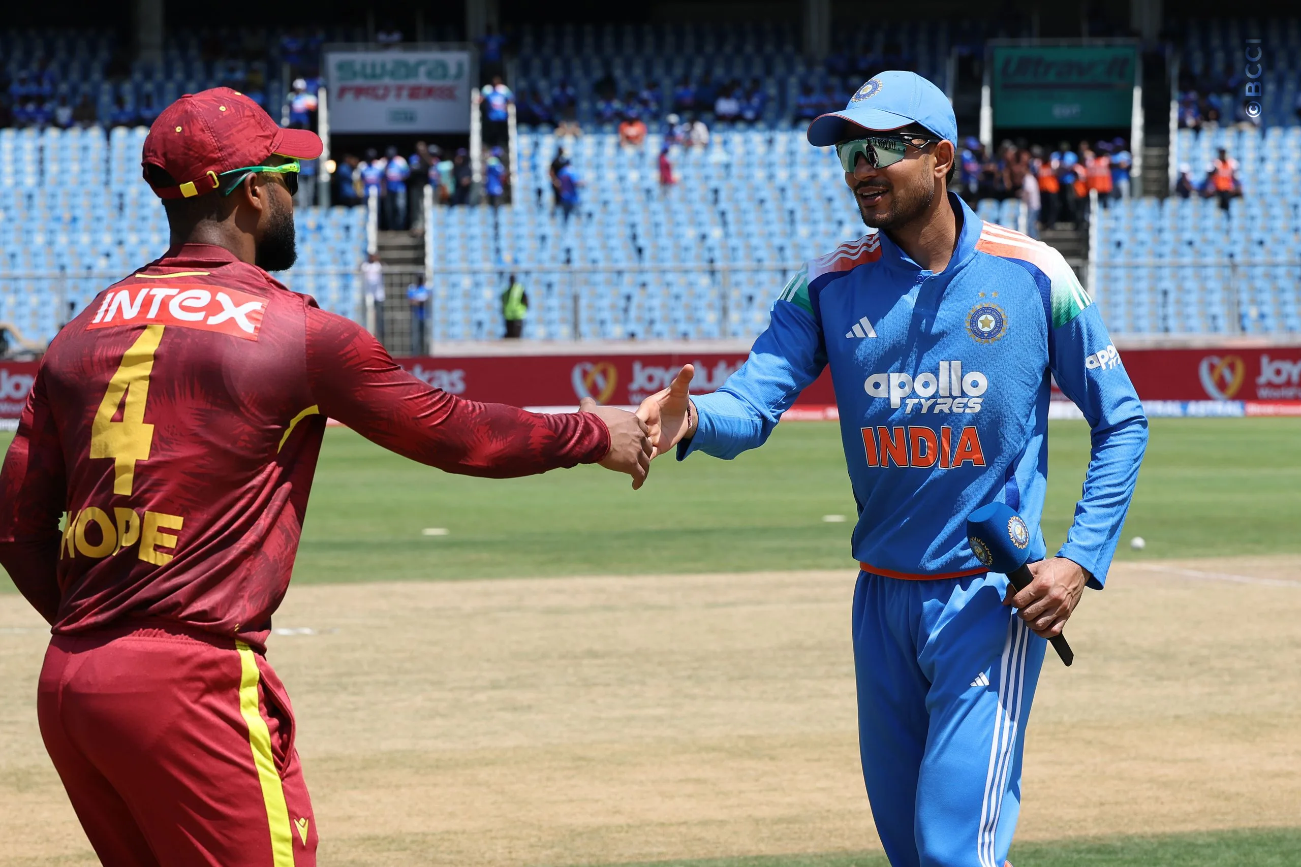 Shubman Gill of India and Shai Hope of West Indies at the toss during the 1st ODI match between India and West Indies at the Sports Hub International Cricket Stadium, Thiruvananthapuram India on September 27, 2026.

Photo: Pankaj Nangia / CREIMAS for BCCI