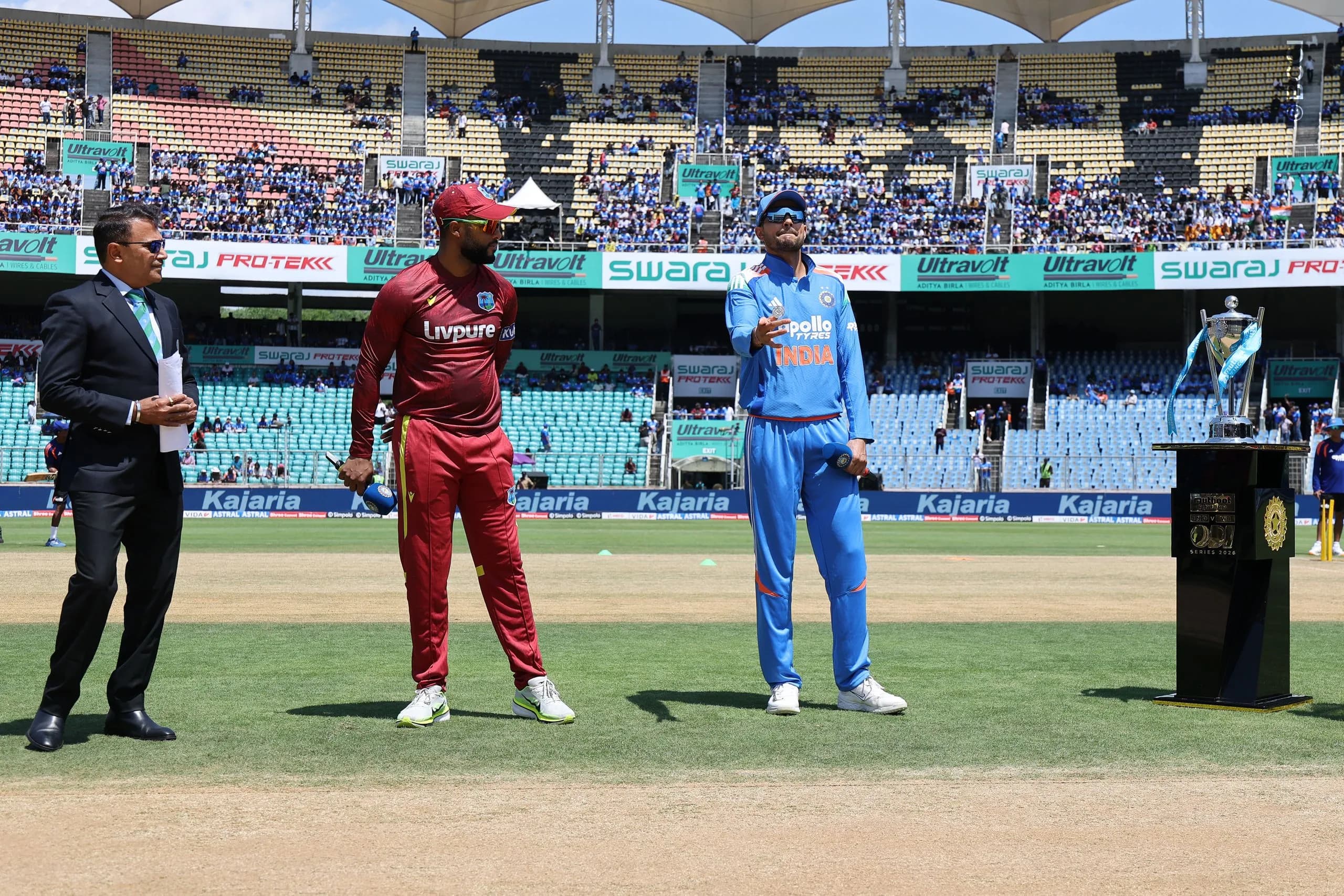 Shubman Gill of India and Shai Hope of West Indies at the toss during the 1st ODI match between India and West Indies at the Sports Hub International Cricket Stadium, Thiruvananthapuram India on September 27, 2026.

Photo: Pankaj Nangia / CREIMAS for BCCI