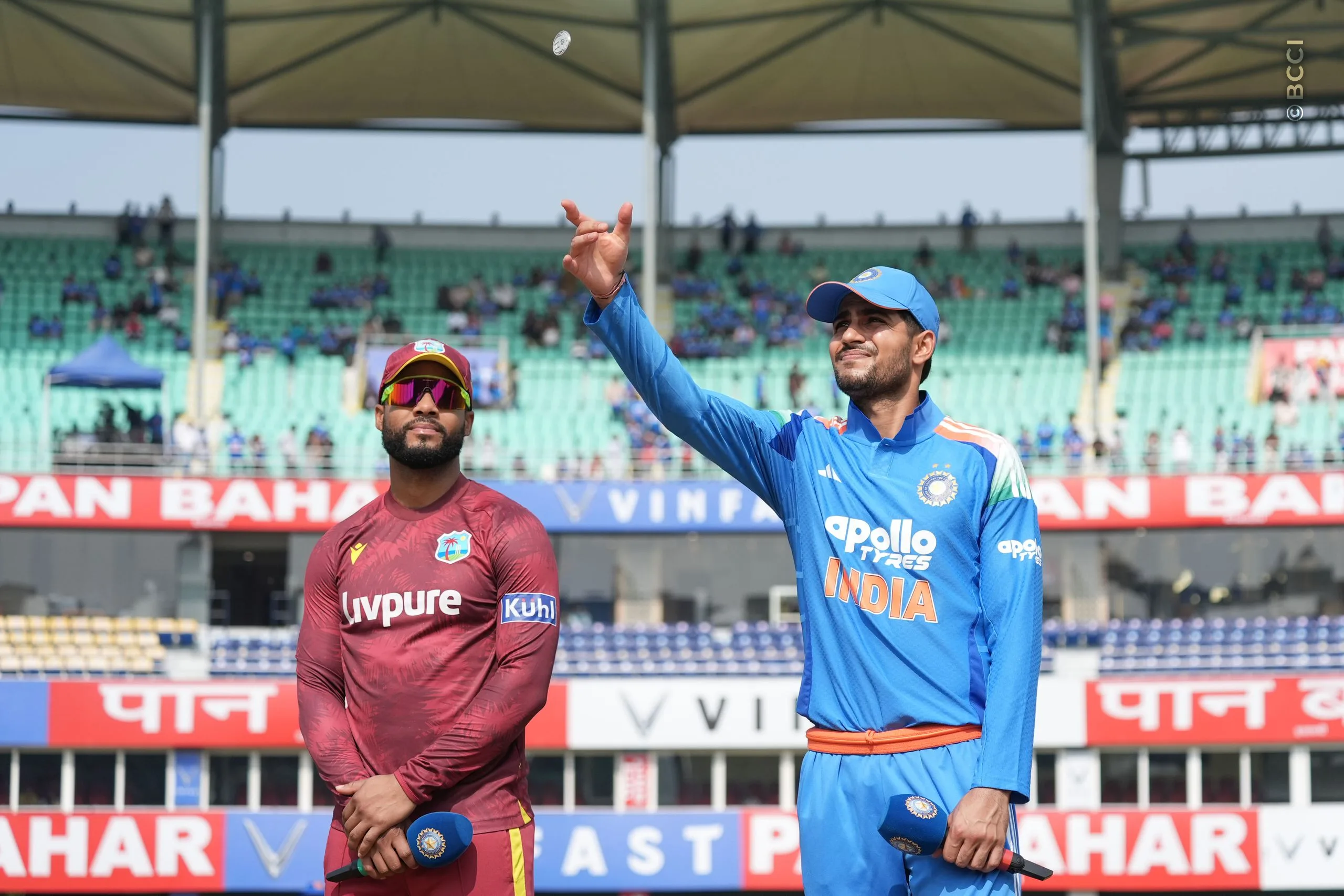 Shubman Gill of India and Shai Hope of West Indies at the toss during the 2nd ODI match between India and West Indies at the ACA Stadium, Barsapara, Guwahati, India on September 30, 2026.

Photo: Faheem Hussain / CREIMAS for BCCI