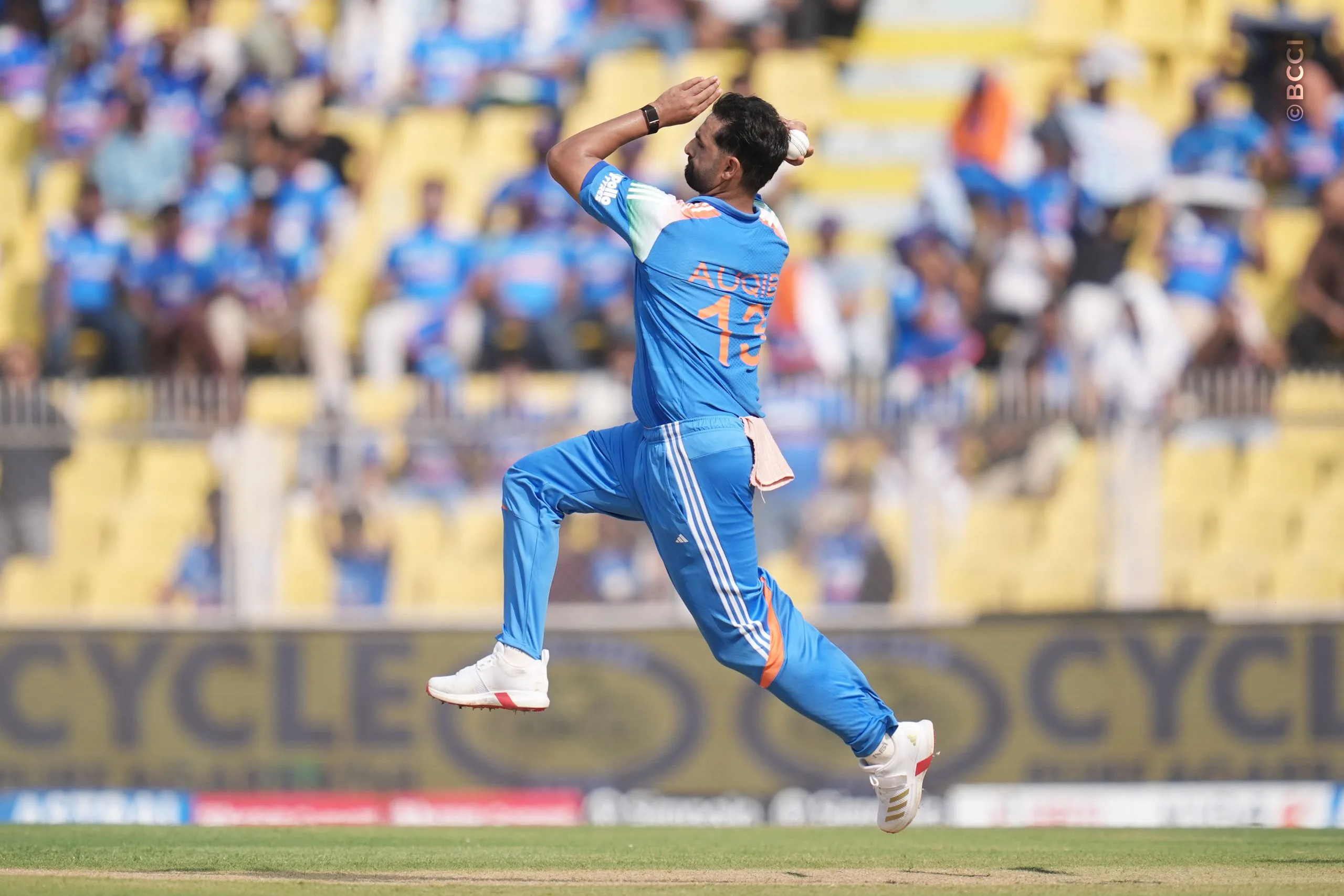 Aqib Nabi of India bowls during the 2nd ODI match between India and West Indies at the ACA Stadium, Barsapara, Guwahati, India on September 30, 2026.

Photo: Faheem Hussain / CREIMAS for BCCI