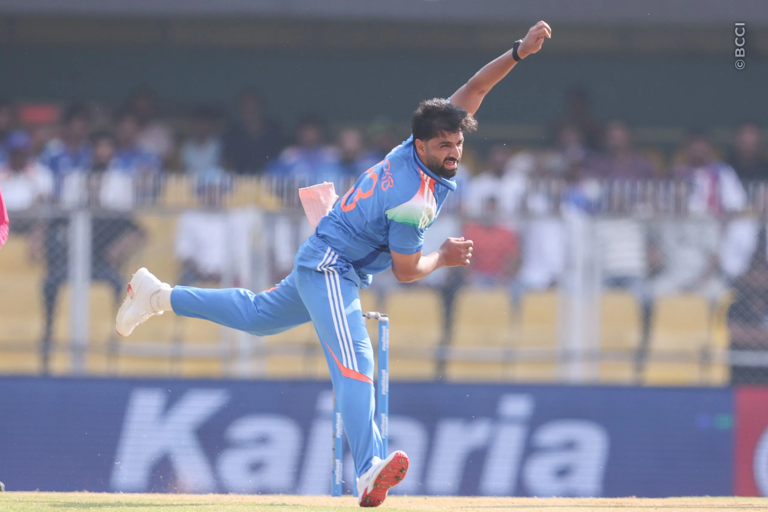 Auqib Nabi of India delivers a ball during the 2nd ODI match between India and West Indies at the ACA Stadium, Barsapara, Guwahati, India on September 30, 2026.

Photo: Pankaj Nangia / CREIMAS for BCCI