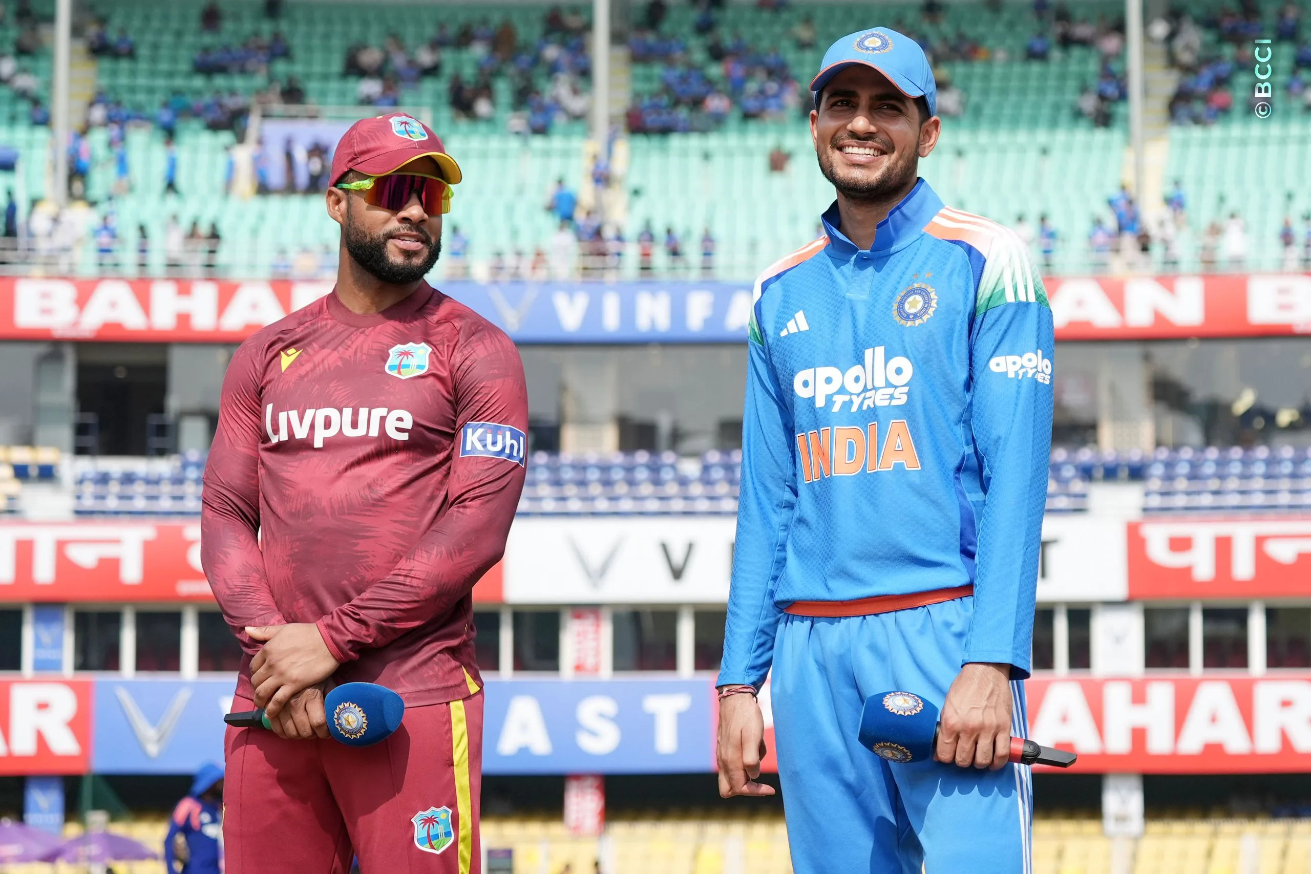 Shubman Gill of India and Shai Hope of West Indies at the toss during the 2nd ODI match between India and West Indies at the ACA Stadium, Barsapara, Guwahati, India on September 30, 2026.

Photo: Faheem Hussain / CREIMAS for BCCI
