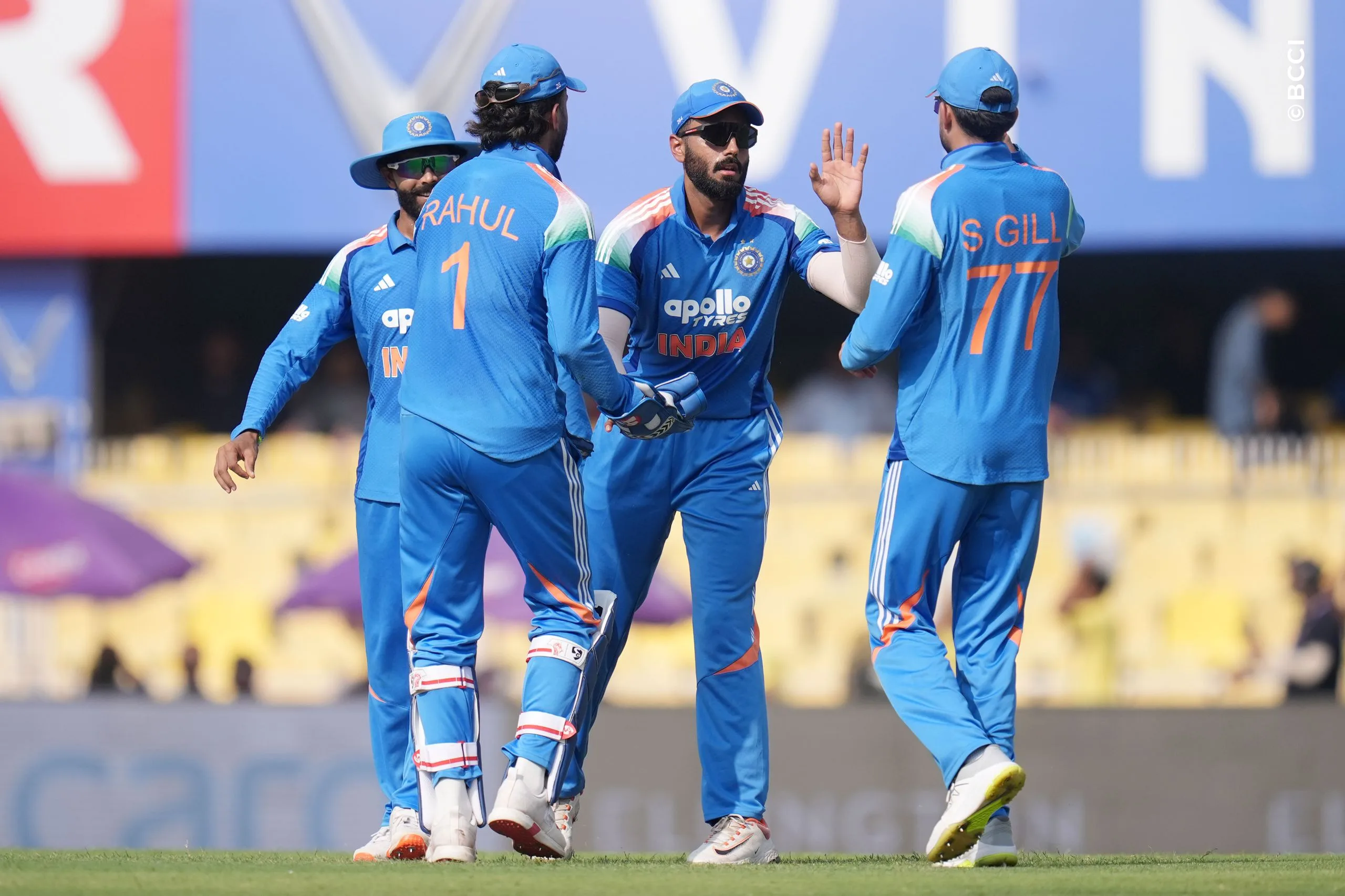 Naman Dhir of India celebrates the wicket of Keacy Carty of West Indies during the 2nd ODI match between India and West Indies at the ACA Stadium, Barsapara, Guwahati, India on September 30, 2026.

Photo: Faheem Hussain / CREIMAS for BCCI