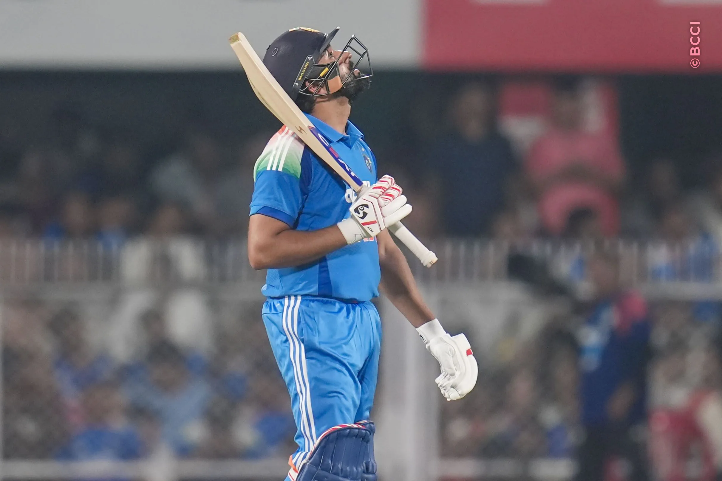Rohit Sharma of India looks on after scoring fifty runs during the 2nd ODI match between India and West Indies at the ACA Stadium, Barsapara, Guwahati, India on September 30, 2026.

Photo: Faheem Hussain / CREIMAS for BCCI