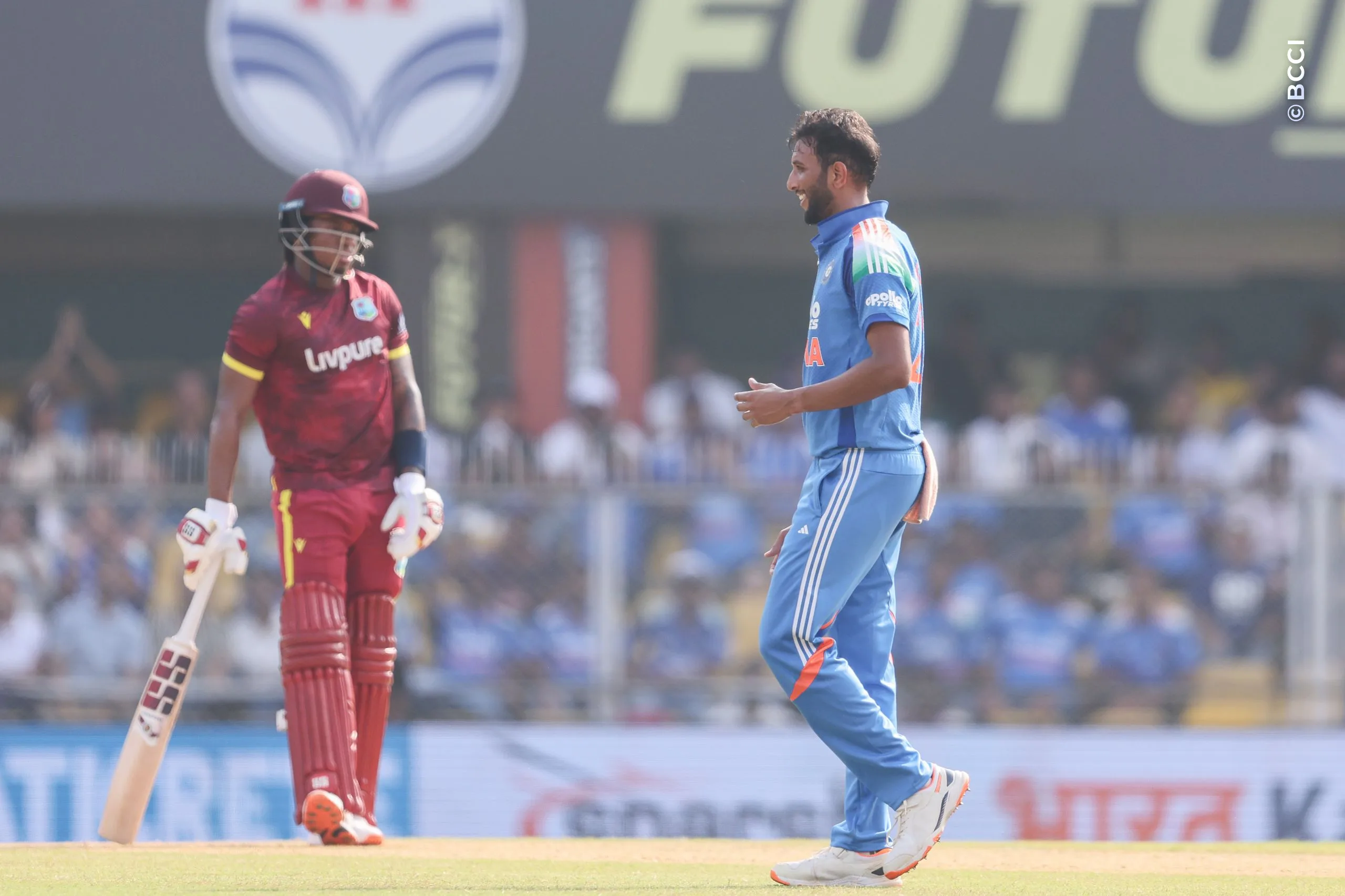 Prasidh Krishna of India celebrates the wicket of Keacy Carty of West Indies\  during the 2nd ODI match between India and West Indies at the ACA Stadium, Barsapara, Guwahati, India on September 30, 2026.

Photo: Pankaj Nangia / CREIMAS for BCCI