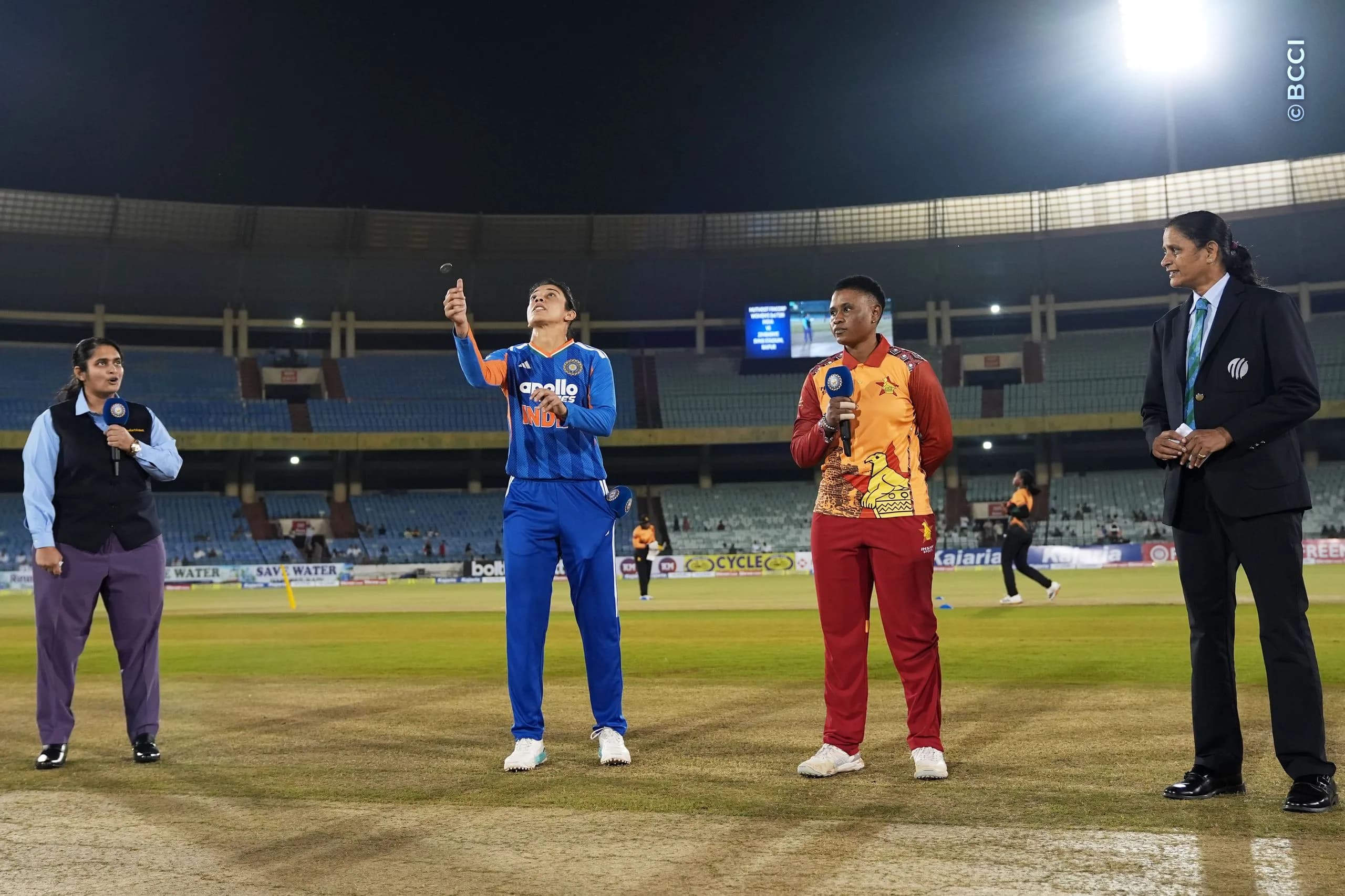 Smriti Mandhana (C) of India and Josephine Nkomo (C) of Zimbabwe at the toss during the 3rd T20I match between India Women and Zimbabwe Women at the Shaheed Veer Narayan Singh International Stadium, Raipur, India on October 20, 2026.Photo: Faheem Hussain / CREIMAS for BCCI