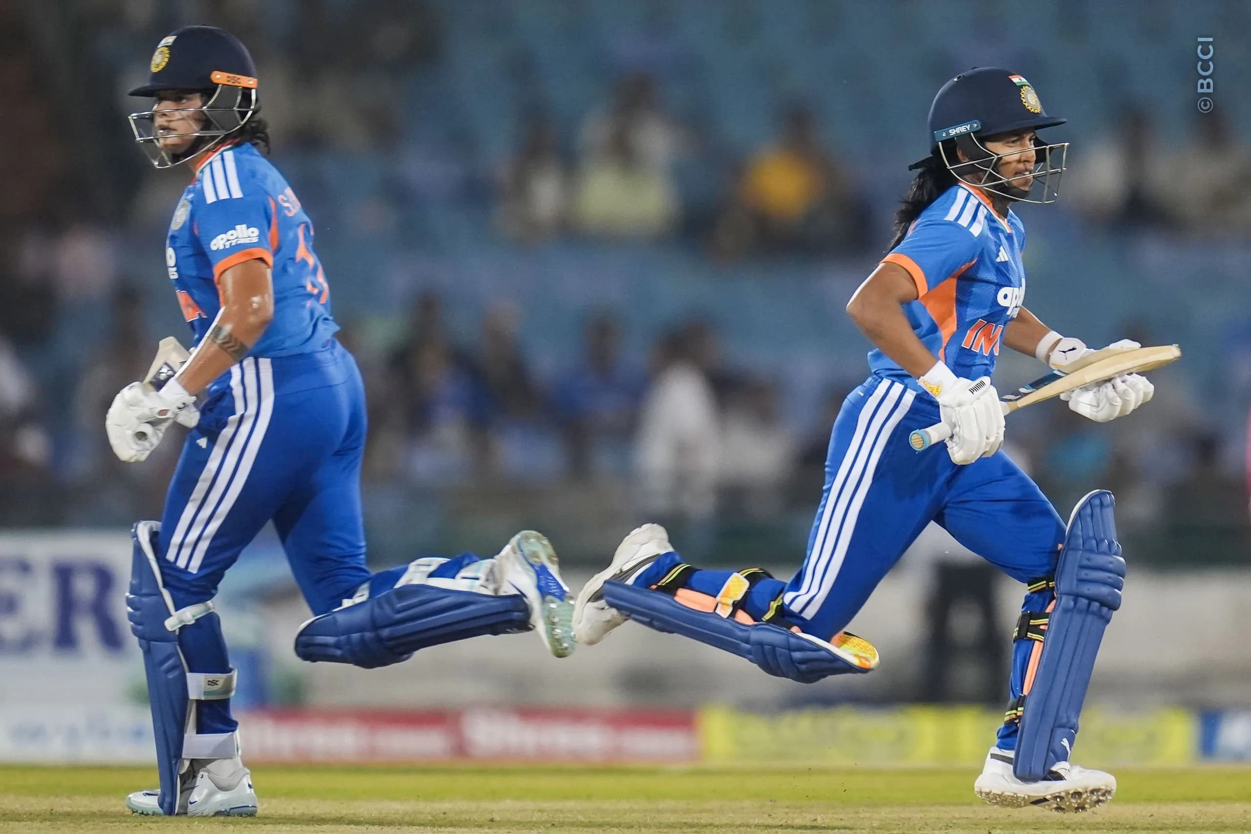 Niki Prasad of India and Shafali Verma (VC) of India running between the wickets during the 3rd T20I match between India Women and Zimbabwe Women at the Shaheed Veer Narayan Singh International Stadium, Raipur, India on October 20, 2026.Photo: Faheem Hussain / CREIMAS for BCCI