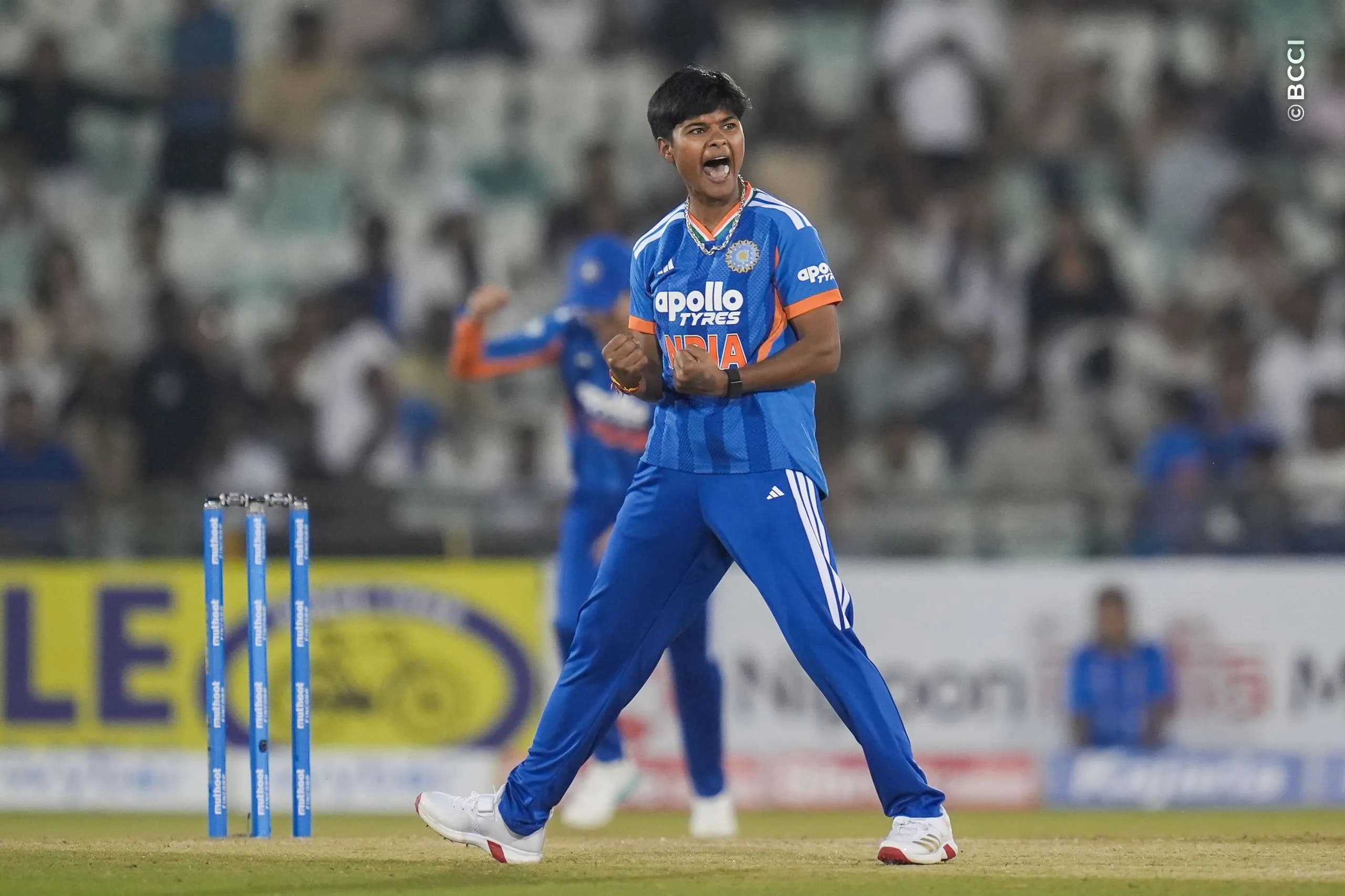 Kranti Gaud of India celebrates the wicket of Kelis Ndhlovu (VC) of Zimbabwe during the 3rd T20I match between India Women and Zimbabwe Women at the Shaheed Veer Narayan Singh International Stadium, Raipur, India on October 20, 2026.Photo: Faheem Hussain / CREIMAS for BCCI