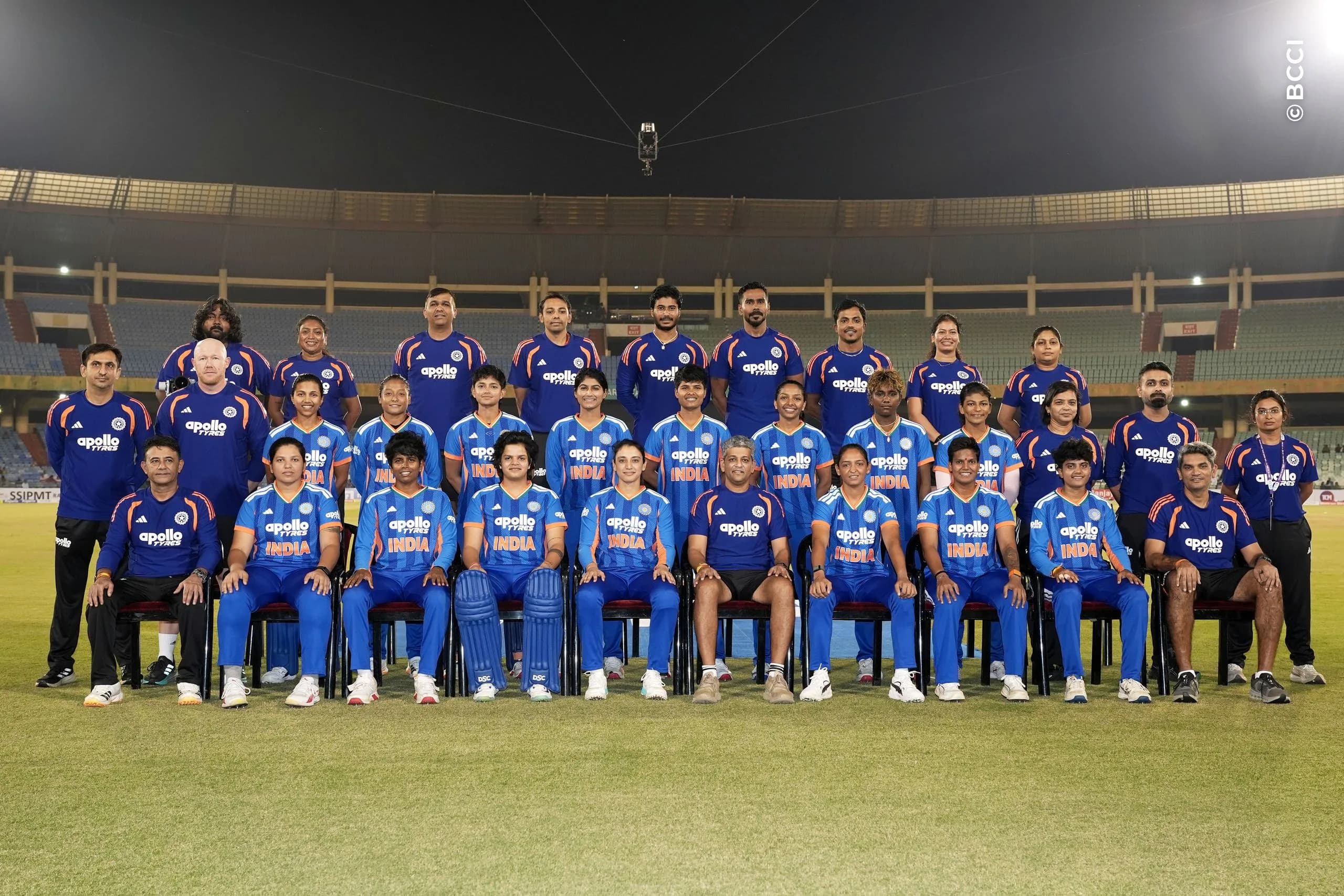 Indian players along with support staff pose for a team photo during the 3rd T20I match between India Women and Zimbabwe Women at the Shaheed Veer Narayan Singh International Stadium, Raipur, India on October 20, 2026.Photo: Faheem Hussain / CREIMAS for BCCI