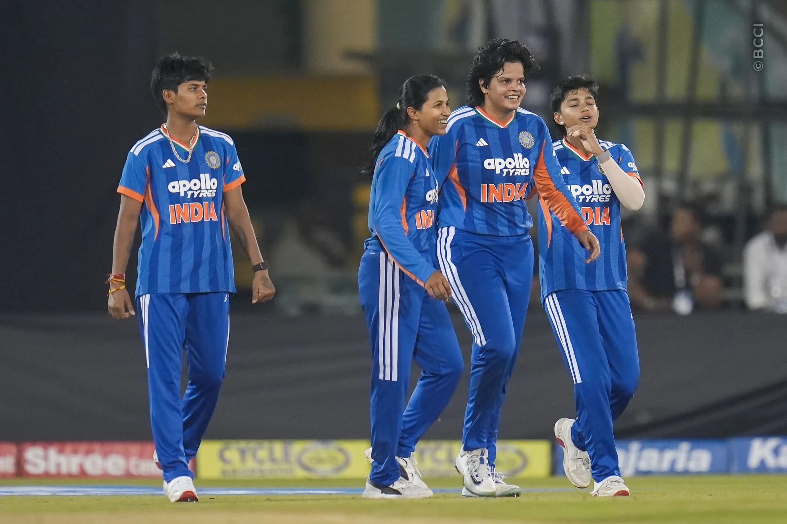 Niki Prasad of India and Shafali Verma (VC) of India celebrates the wicket of Sharne Mayers of Zimbabwe during the 3rd T20I match between India Women and Zimbabwe Women at the Shaheed Veer Narayan Singh International Stadium, Raipur, India on October 20, 2026.Photo: Faheem Hussain / CREIMAS for BCCI