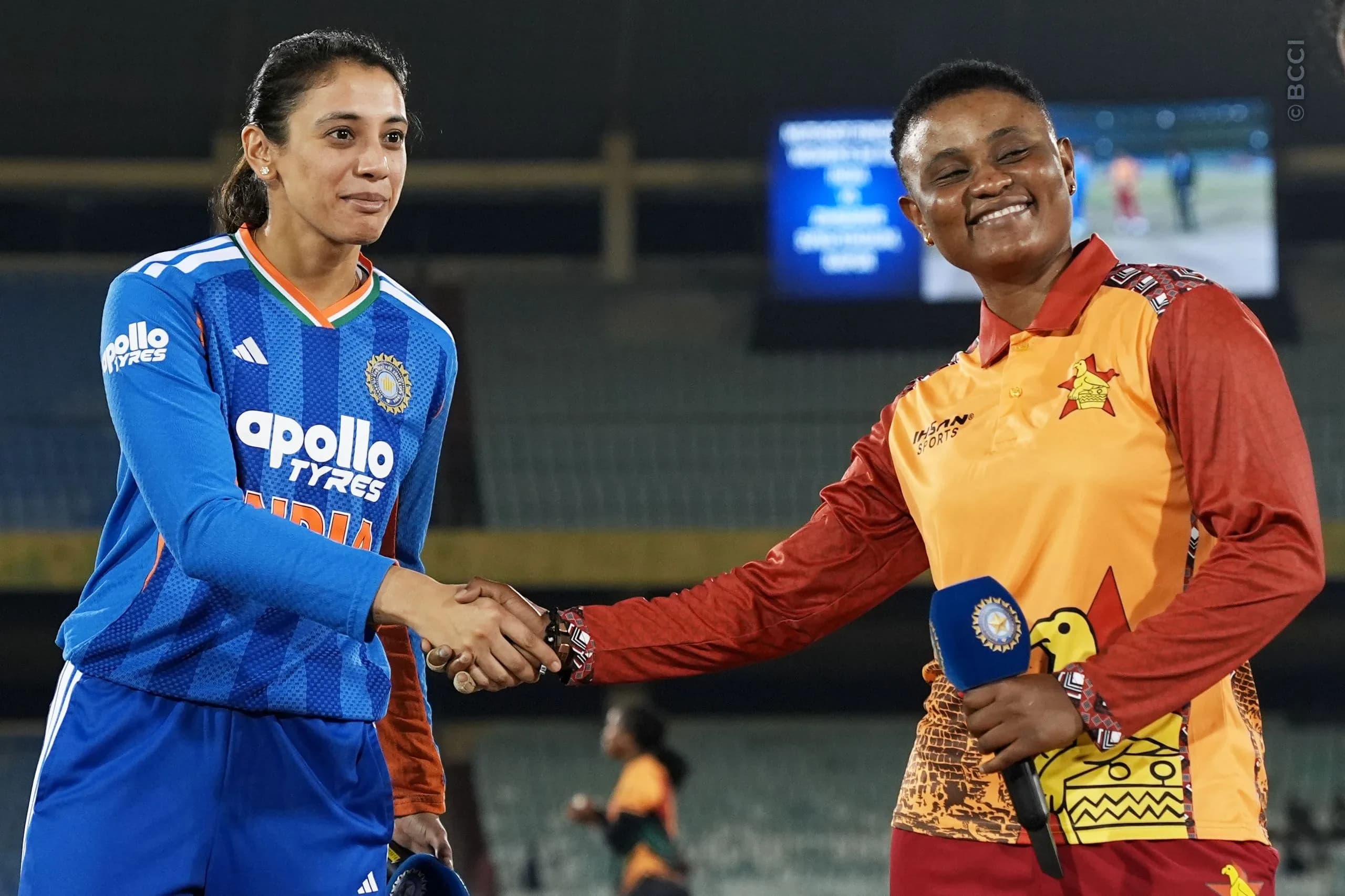 Smriti Mandhana (C) of India and Josephine Nkomo (C) of Zimbabwe at the toss during the 3rd T20I match between India Women and Zimbabwe Women at the Shaheed Veer Narayan Singh International Stadium, Raipur, India on October 20, 2026.Photo: Faheem Hussain / CREIMAS for BCCI