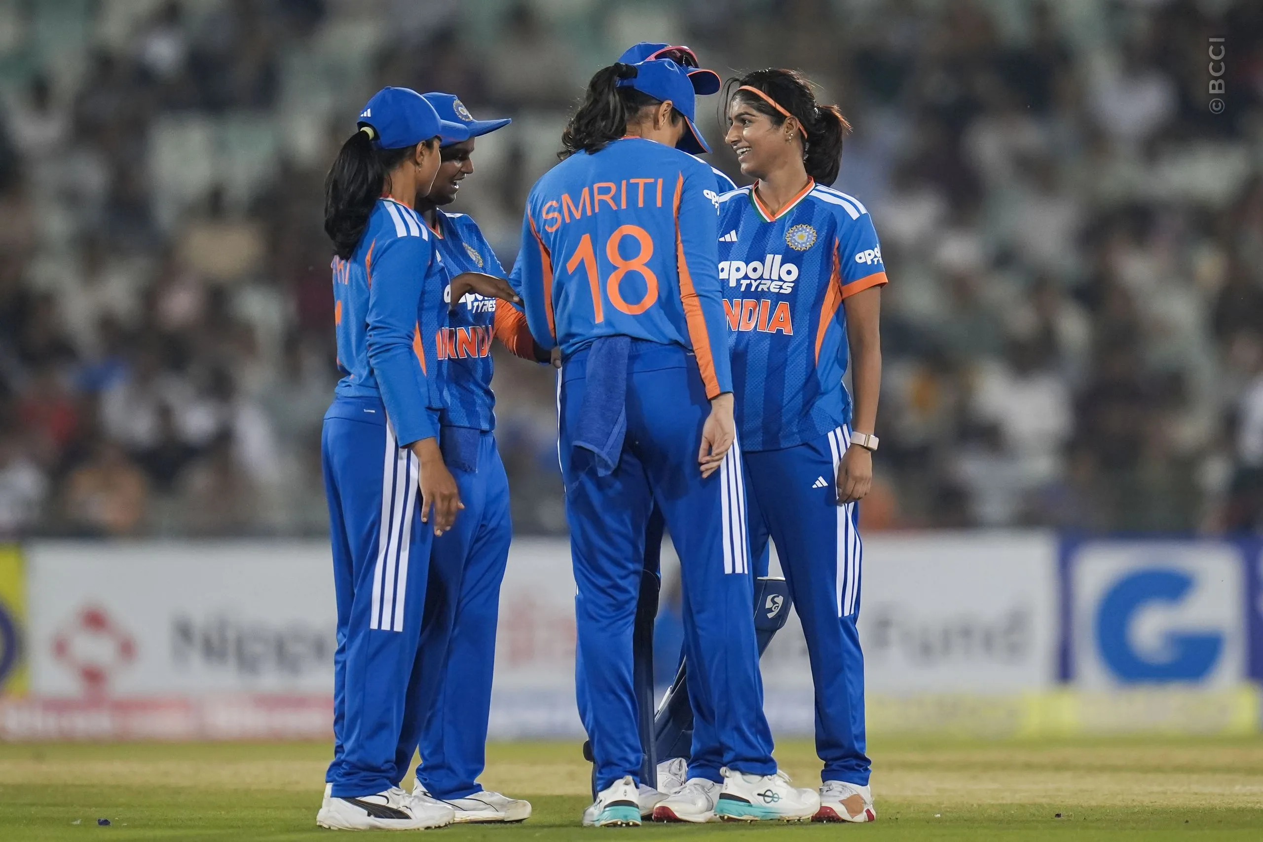 Nandni Sharma of India celebrates the wicket of Modester Mupachikwa of Zimbabwe during the 3rd T20I match between India Women and Zimbabwe Women at the Shaheed Veer Narayan Singh International Stadium, Raipur, India on October 20, 2026.Photo: Faheem Hussain / CREIMAS for BCCI