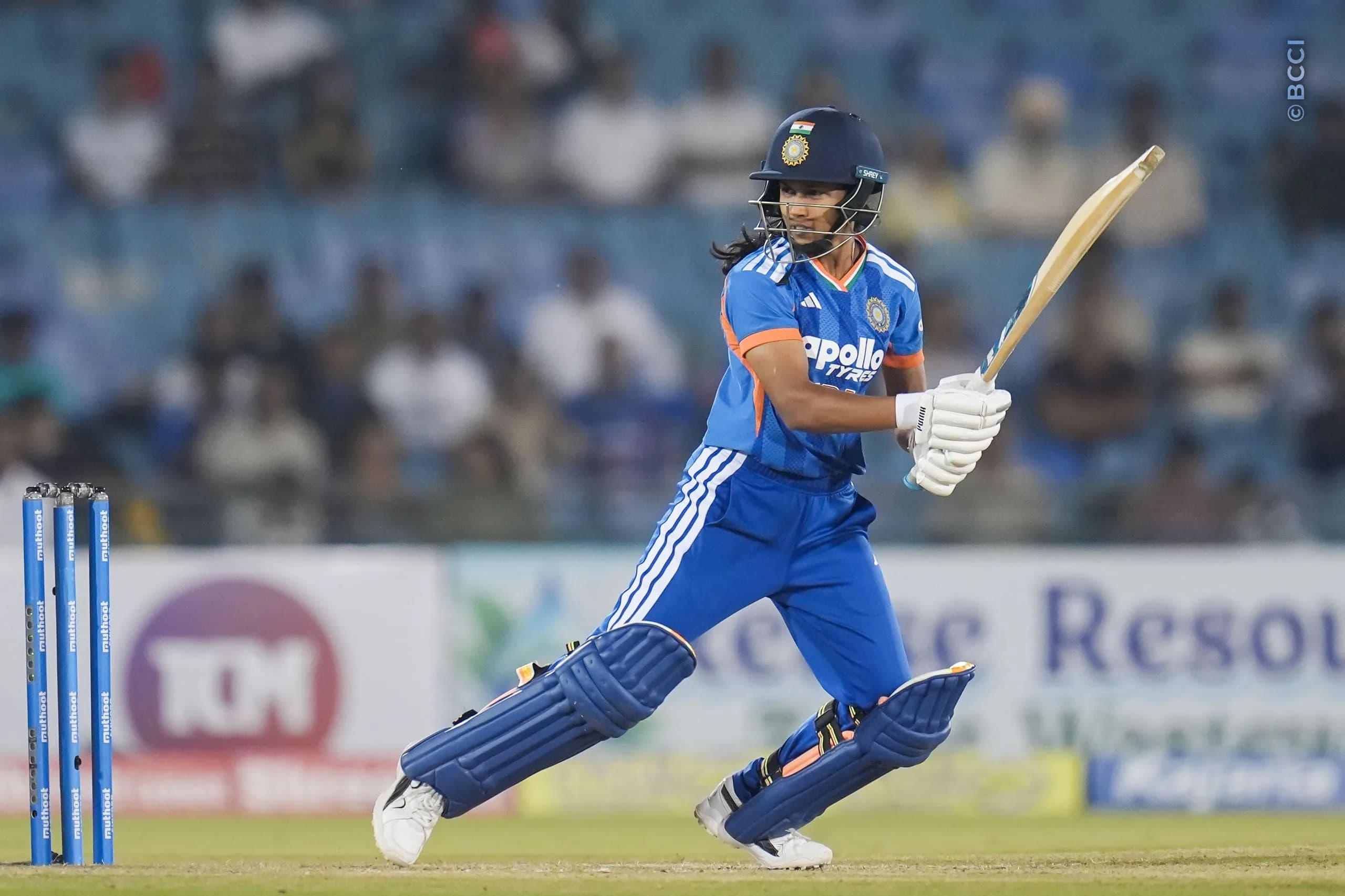 Niki Prasad of India during the 3rd T20I match between India Women and Zimbabwe Women at the Shaheed Veer Narayan Singh International Stadium, Raipur, India on October 20, 2026.Photo: Faheem Hussain / CREIMAS for BCCI