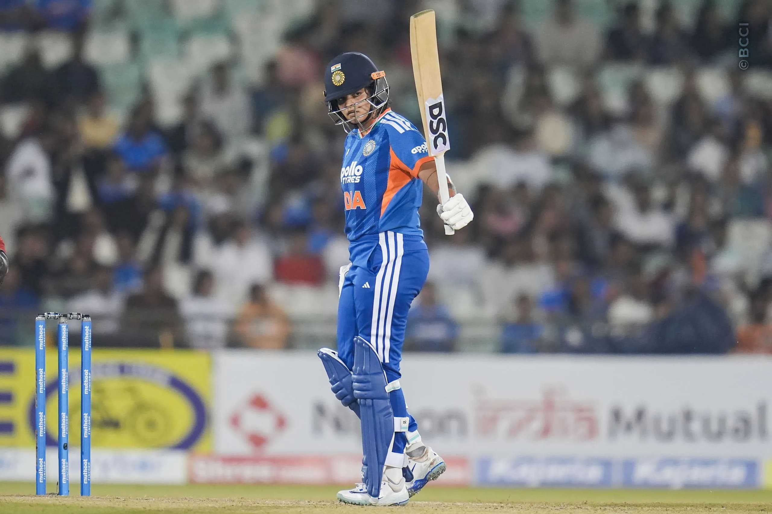 Shafali Verma (VC) of India raises her bat after reaching fifty runs during the 3rd T20I match between India Women and Zimbabwe Women at the Shaheed Veer Narayan Singh International Stadium, Raipur, India on October 20, 2026.Photo: Faheem Hussain / CREIMAS for BCCI