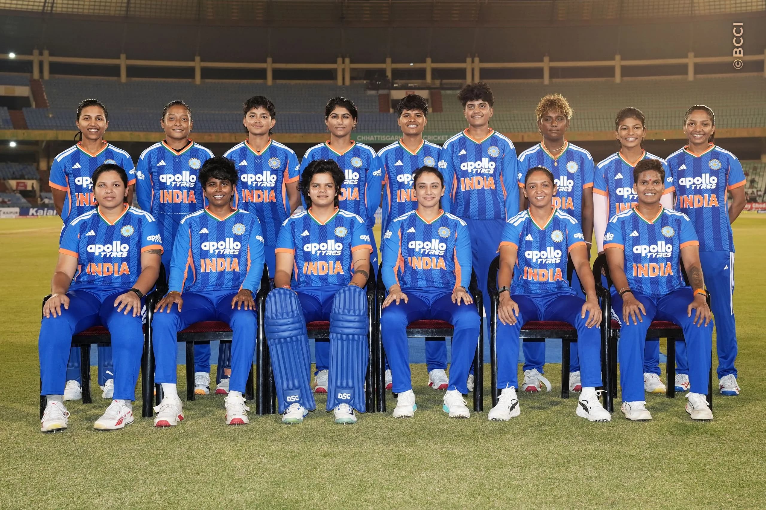 Indian players pose for a team photo during the 3rd T20I match between India Women and Zimbabwe Women at the Shaheed Veer Narayan Singh International Stadium, Raipur, India on October 20, 2026.Photo: Faheem Hussain / CREIMAS for BCCI