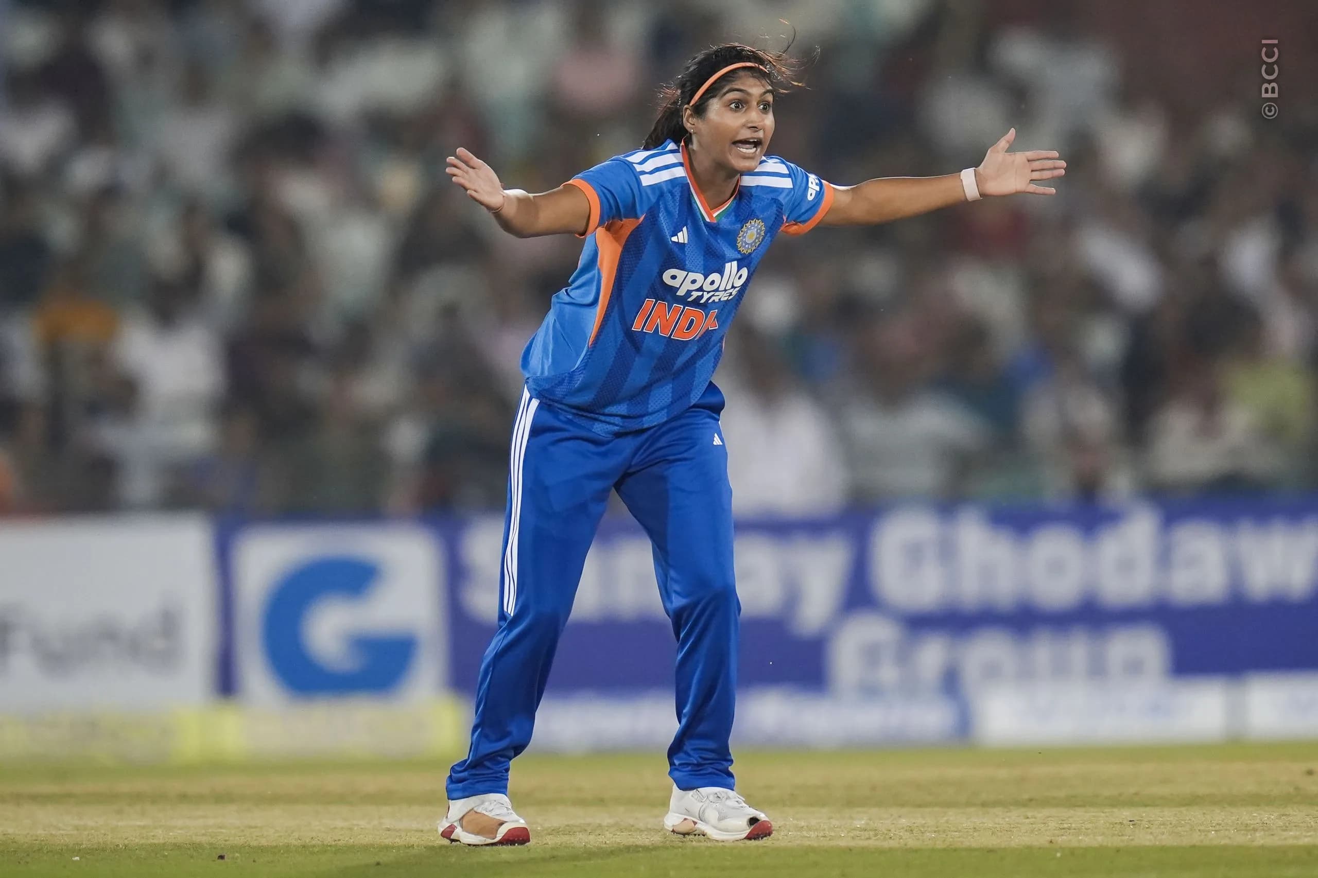 Nandni Sharma of India successfully appeals for the wicket of Modester Mupachikwa of Zimbabwe during the 3rd T20I match between India Women and Zimbabwe Women at the Shaheed Veer Narayan Singh International Stadium, Raipur, India on October 20, 2026.Photo: Faheem Hussain / CREIMAS for BCCI