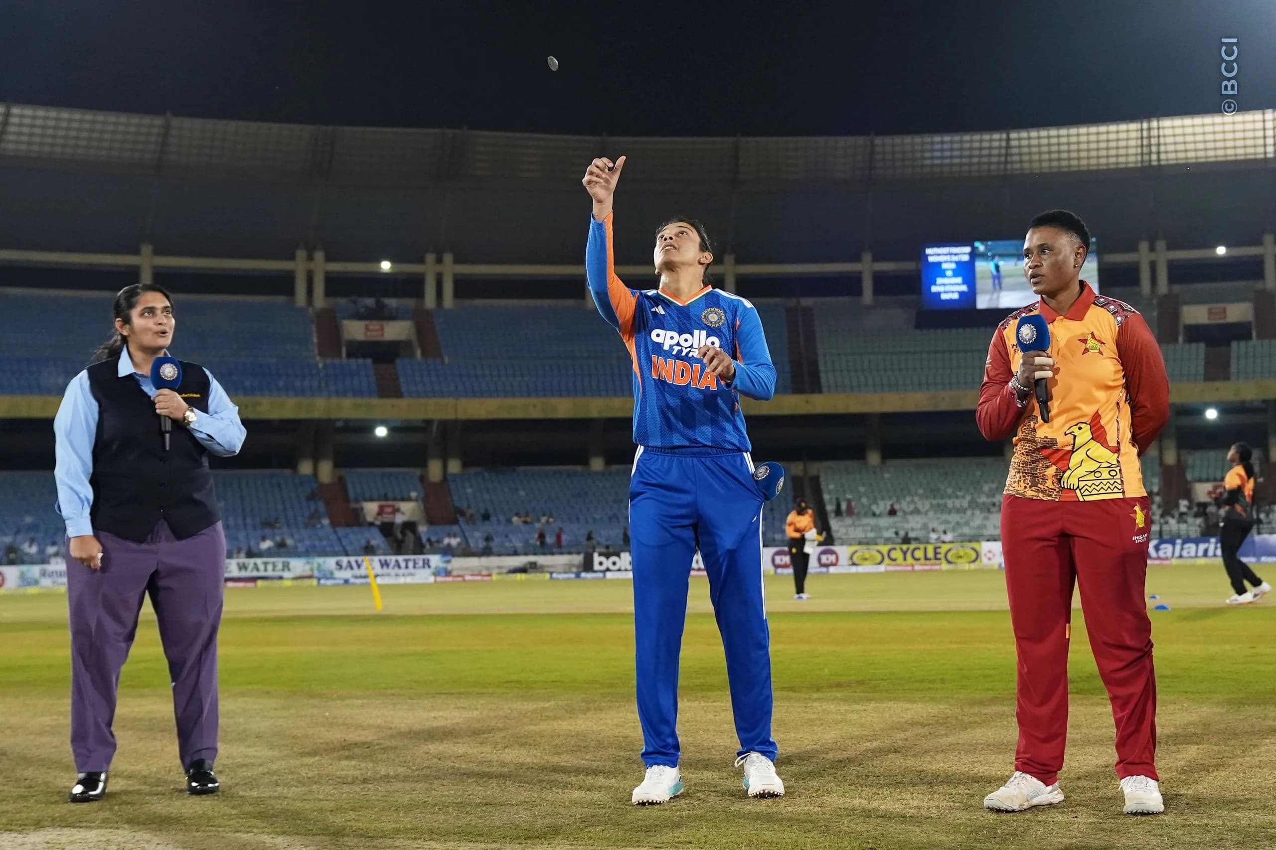 Smriti Mandhana (C) of India and Josephine Nkomo (C) of Zimbabwe at the toss during the 3rd T20I match between India Women and Zimbabwe Women at the Shaheed Veer Narayan Singh International Stadium, Raipur, India on October 20, 2026.Photo: Faheem Hussain / CREIMAS for BCCI