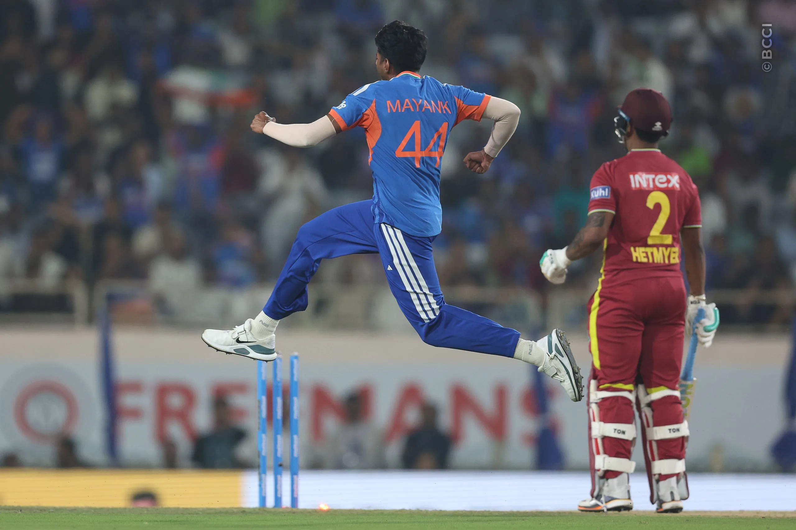 Mayank Yadav of India celebrates the wicket of Shimron Hetmyer of West Indies during the  2nd T20I match between India and West Indies at the JSCA International Stadium Complex, India on October 9, 2026.Photo: Pankaj Nangia / CREIMAS for BCCI