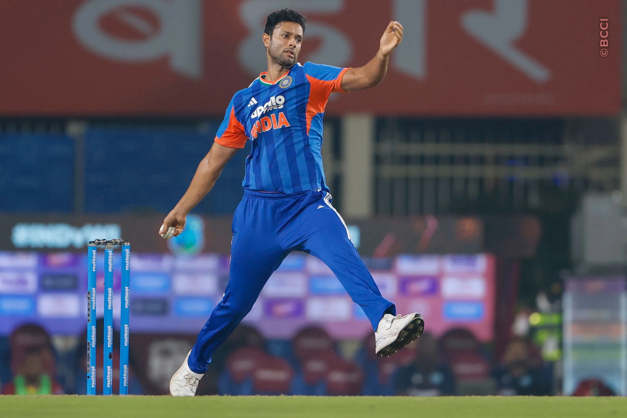 Shivam Dube of India  bowls during the 2nd T20I match between India and West Indies at the JSCA International Stadium Complex, Ranchi, India on October 9, 2026.Photo: Surjeet Yadav / CREIMAS for BCCI