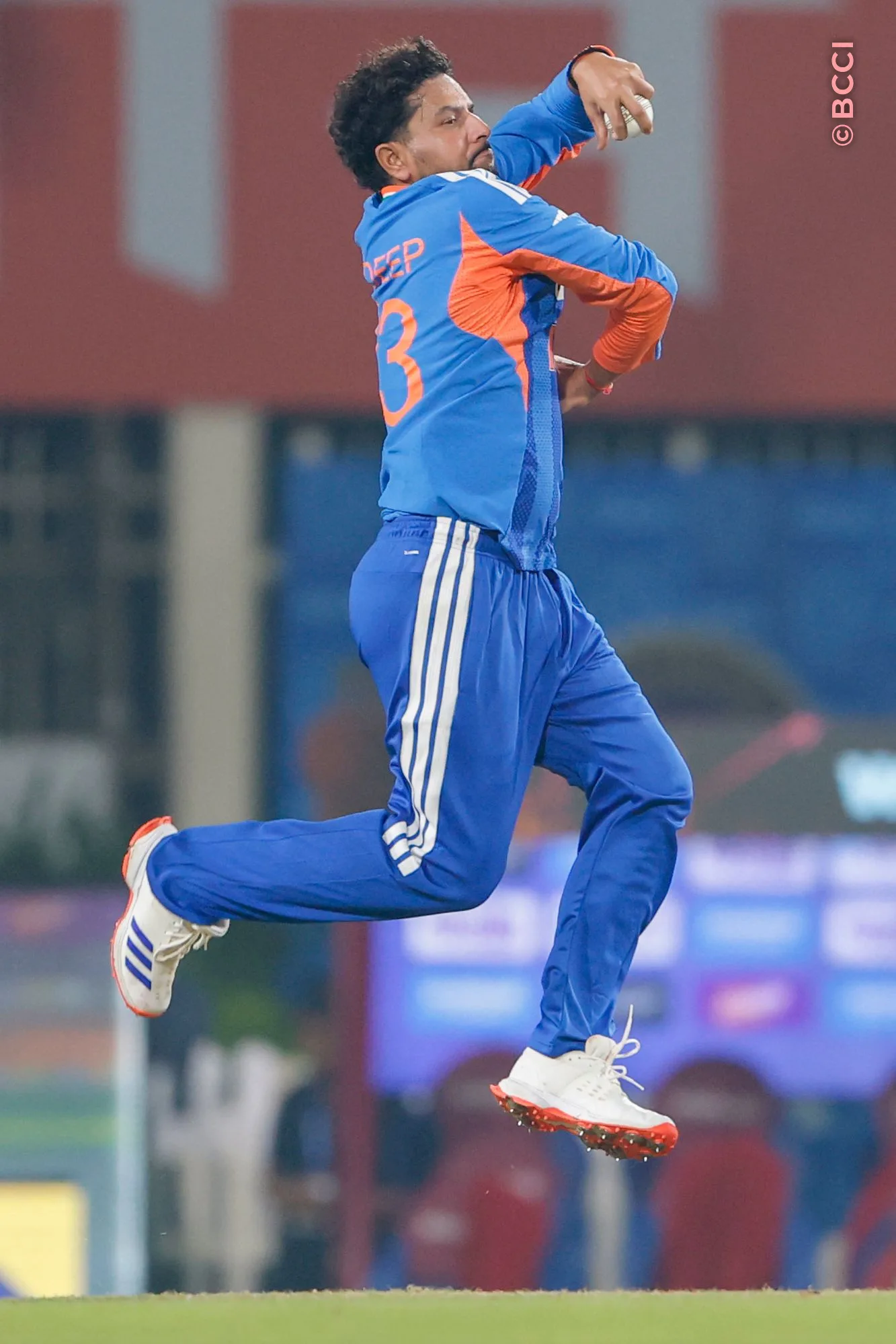 Kuldeep Yadav of India bowls during the 2nd T20I match between India and West Indies at the JSCA International Stadium Complex, Ranchi, India on October 9, 2026.Photo: Surjeet Yadav / CREIMAS for BCCI