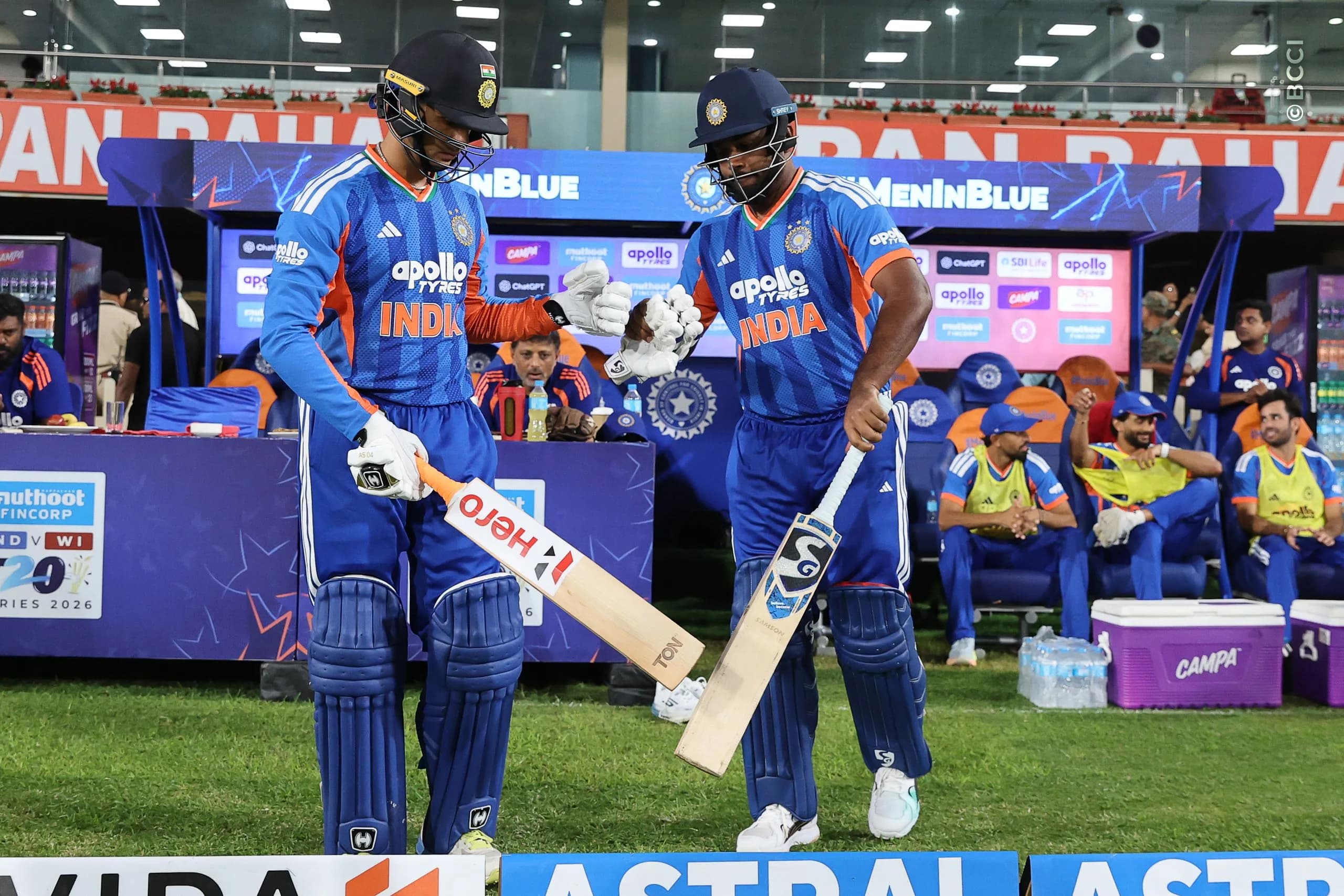 Sanju Samson of India and Abhishek Sharma of India during the  2nd T20I match between India and West Indies at the JSCA International Stadium Complex, India on October 9, 2026.Photo: Pankaj Nangia / CREIMAS for BCCI