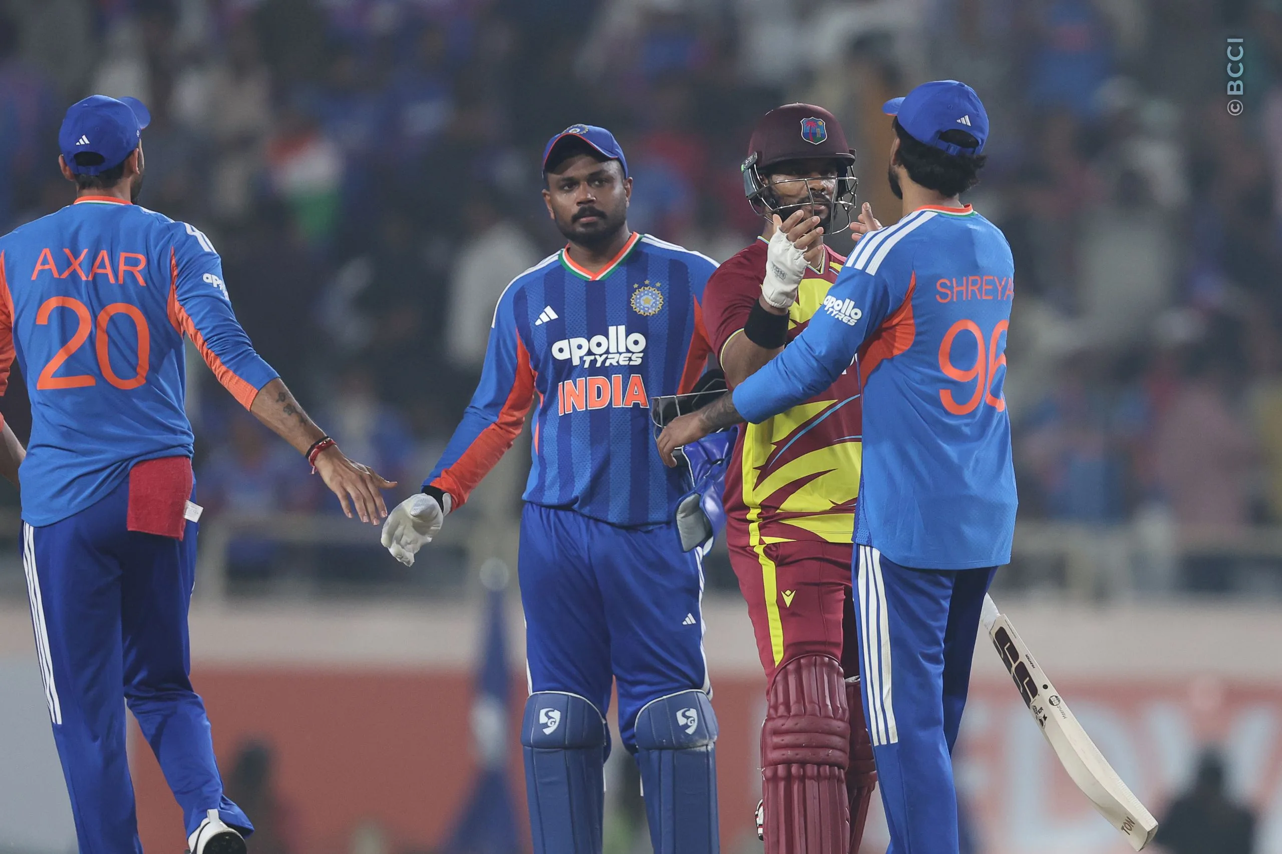 Shai Hope of West Indies and Shreyas Iyer of India shake hands after the 2nd T20I match between India and West Indies at the JSCA International Stadium Complex, India on October 9, 2026.Photo: Pankaj Nangia / CREIMAS for BCCI