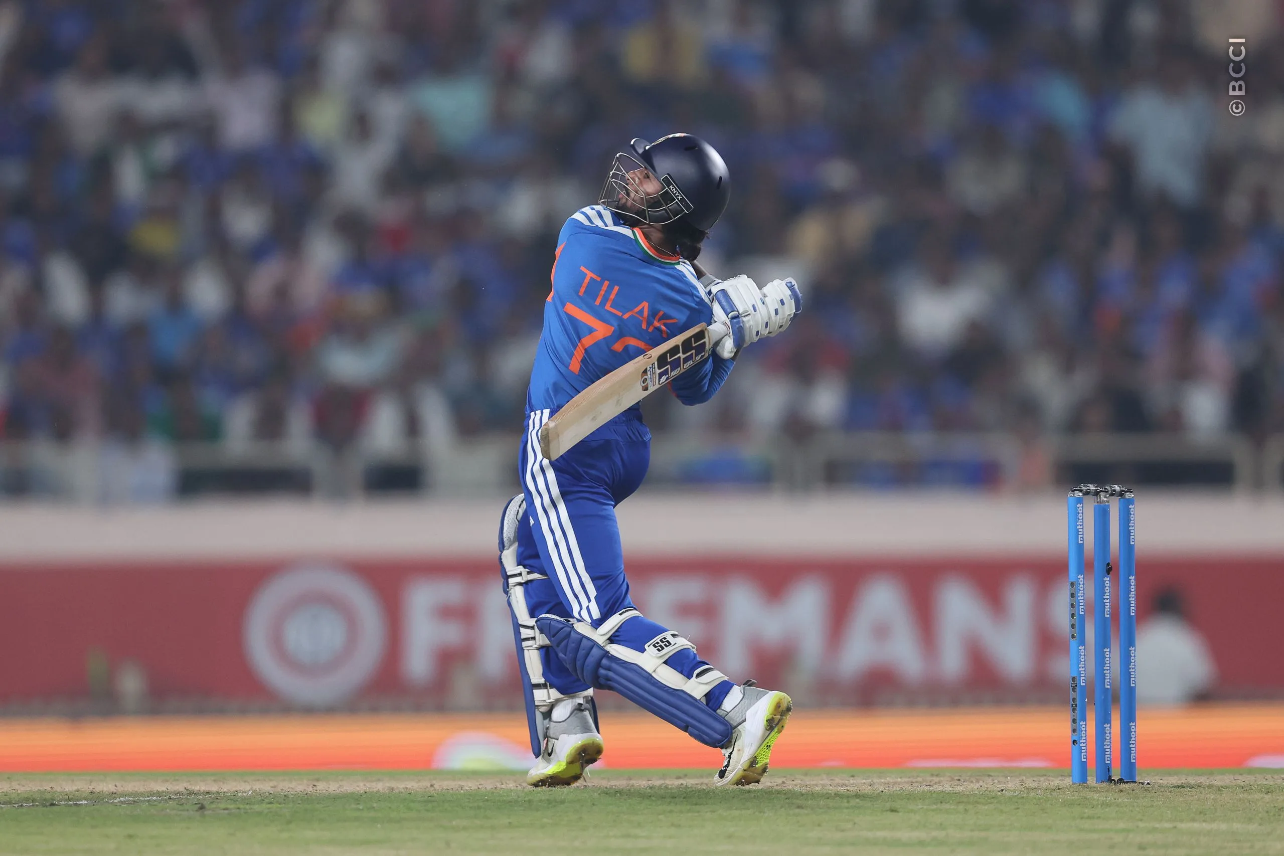 Tilak Varma of India plays a shot during the 2nd T20I match between India and West Indies at the JSCA International Stadium Complex, India on October 9, 2026.

Photo: Pankaj Nangia / CREIMAS for BCCI
