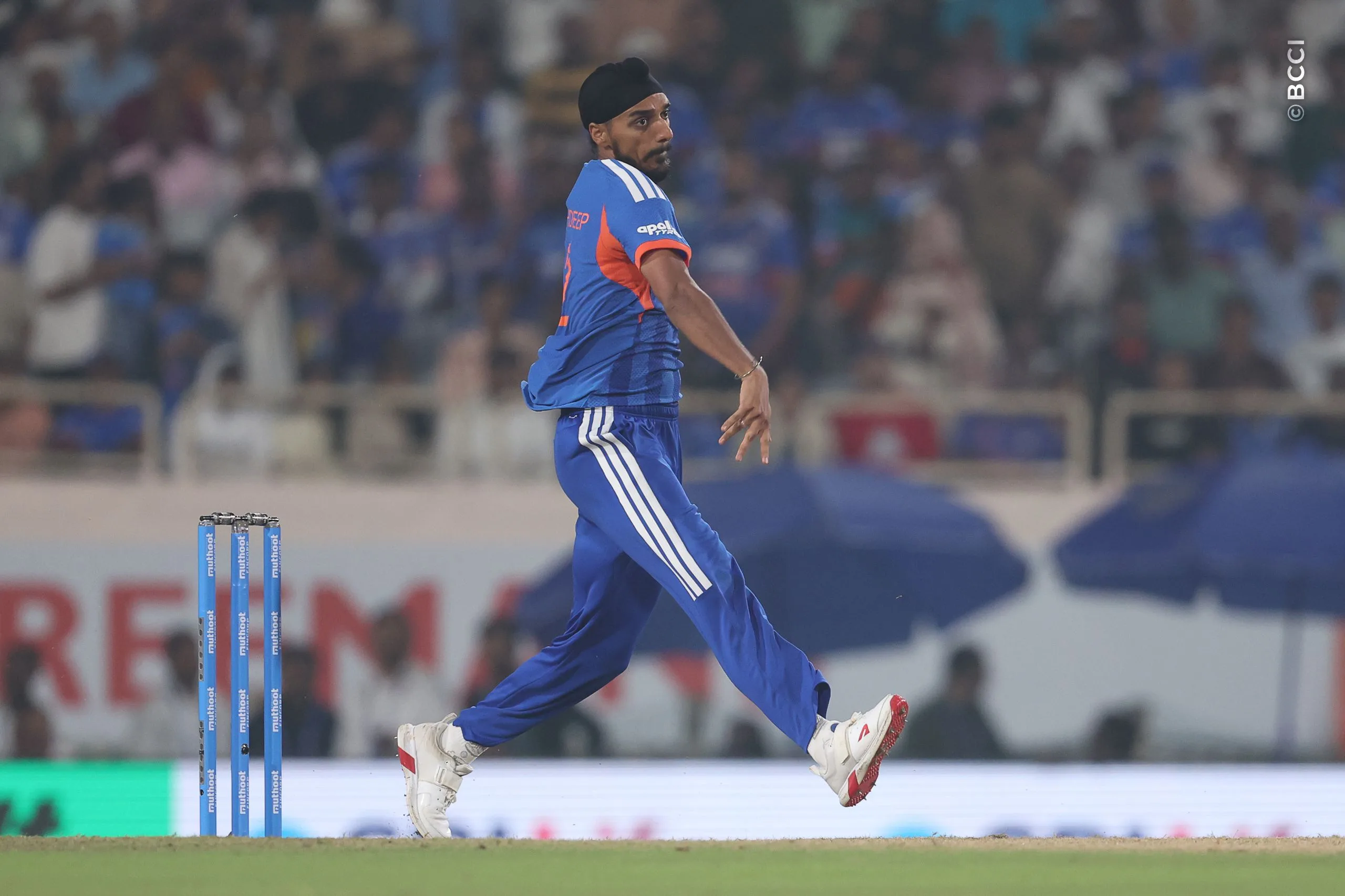 Arshdeep Singh of India  delivers a ball  during the  2nd T20I match between India and West Indies at the JSCA International Stadium Complex, India on October 9, 2026.Photo: Pankaj Nangia / CREIMAS for BCCI