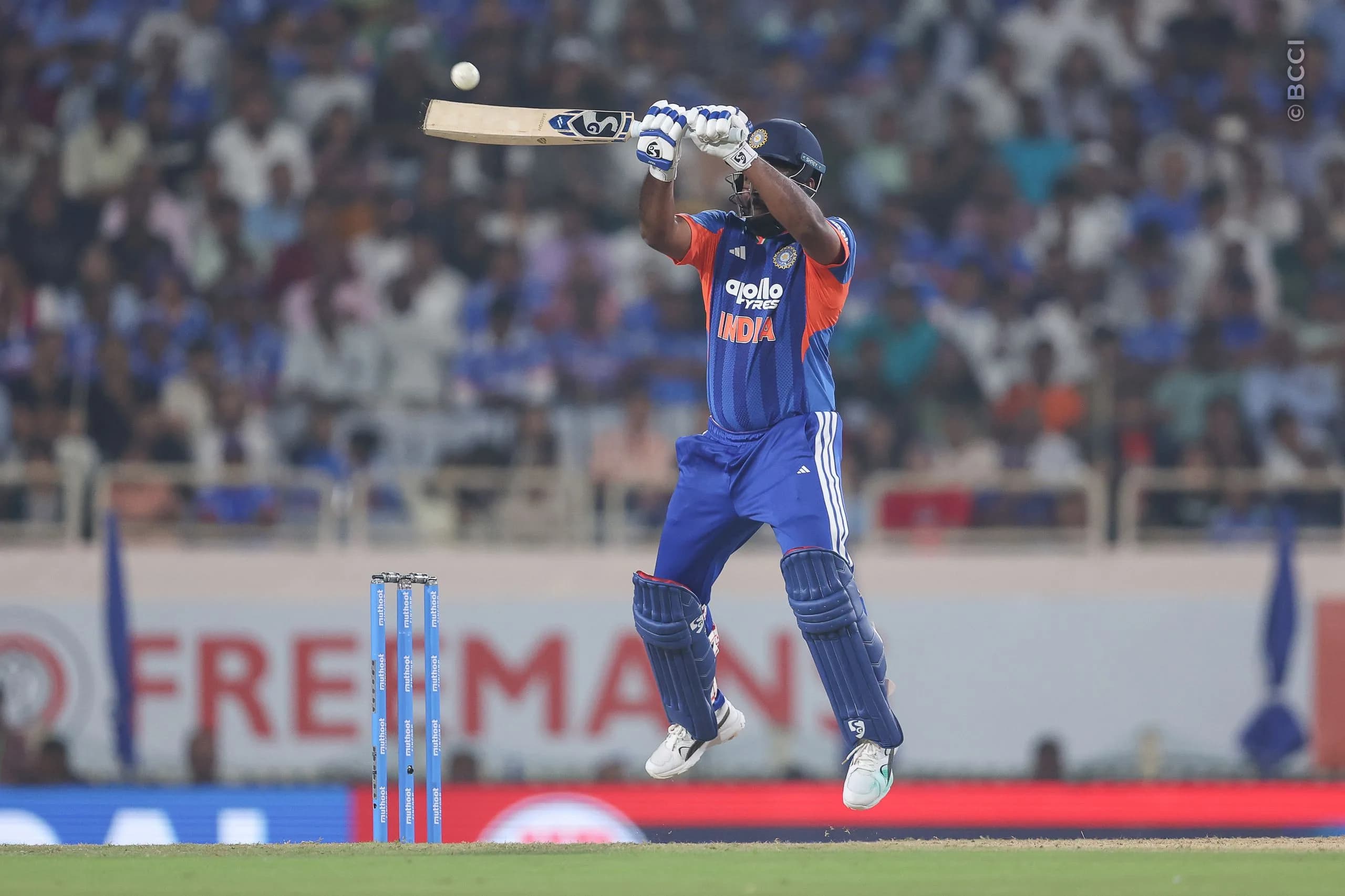 Sanju Samson of India plays a shot during the 2nd T20I match between India and West Indies at the JSCA International Stadium Complex, India on October 9, 2026.

Photo: Pankaj Nangia / CREIMAS for BCCI