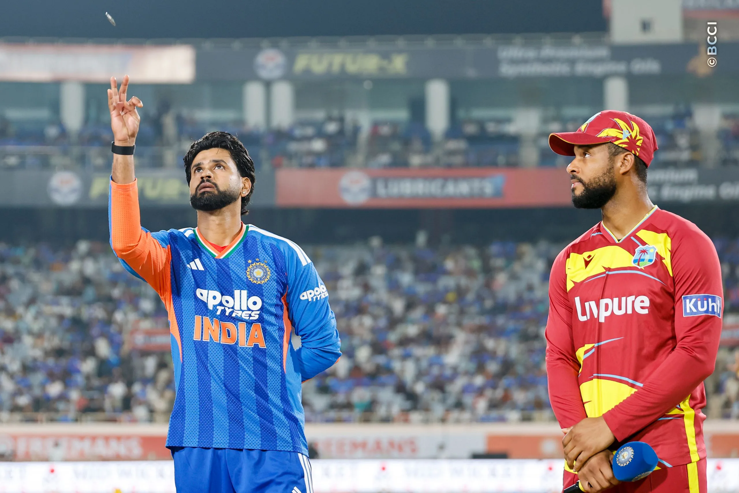 Shreyas Iyer of India and Shai Hope of West Indies at the toss during the 2nd T20I match between India and West Indies at the JSCA International Stadium Complex, Ranchi, India on October 9, 2026.Photo: Surjeet Yadav / CREIMAS for BCCI