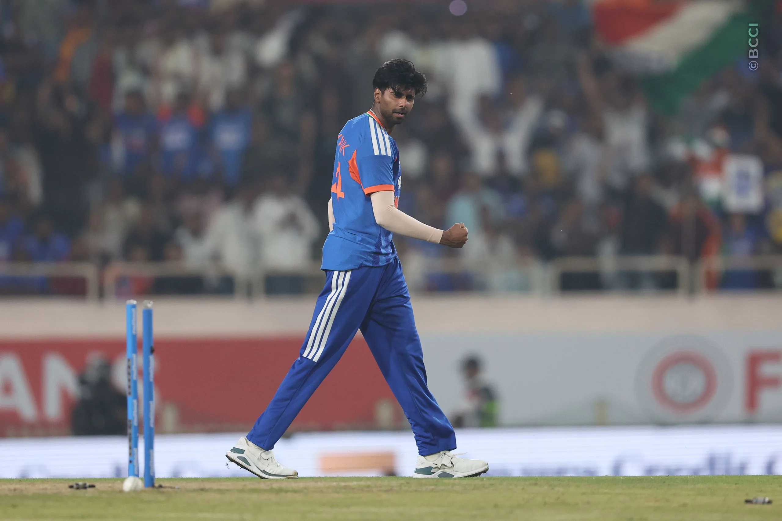 Mayank Yadav of India celebrates the wicket of Rovman Powell of West Indies during the  2nd T20I match between India and West Indies at the JSCA International Stadium Complex, India on October 9, 2026.Photo: Pankaj Nangia / CREIMAS for BCCI