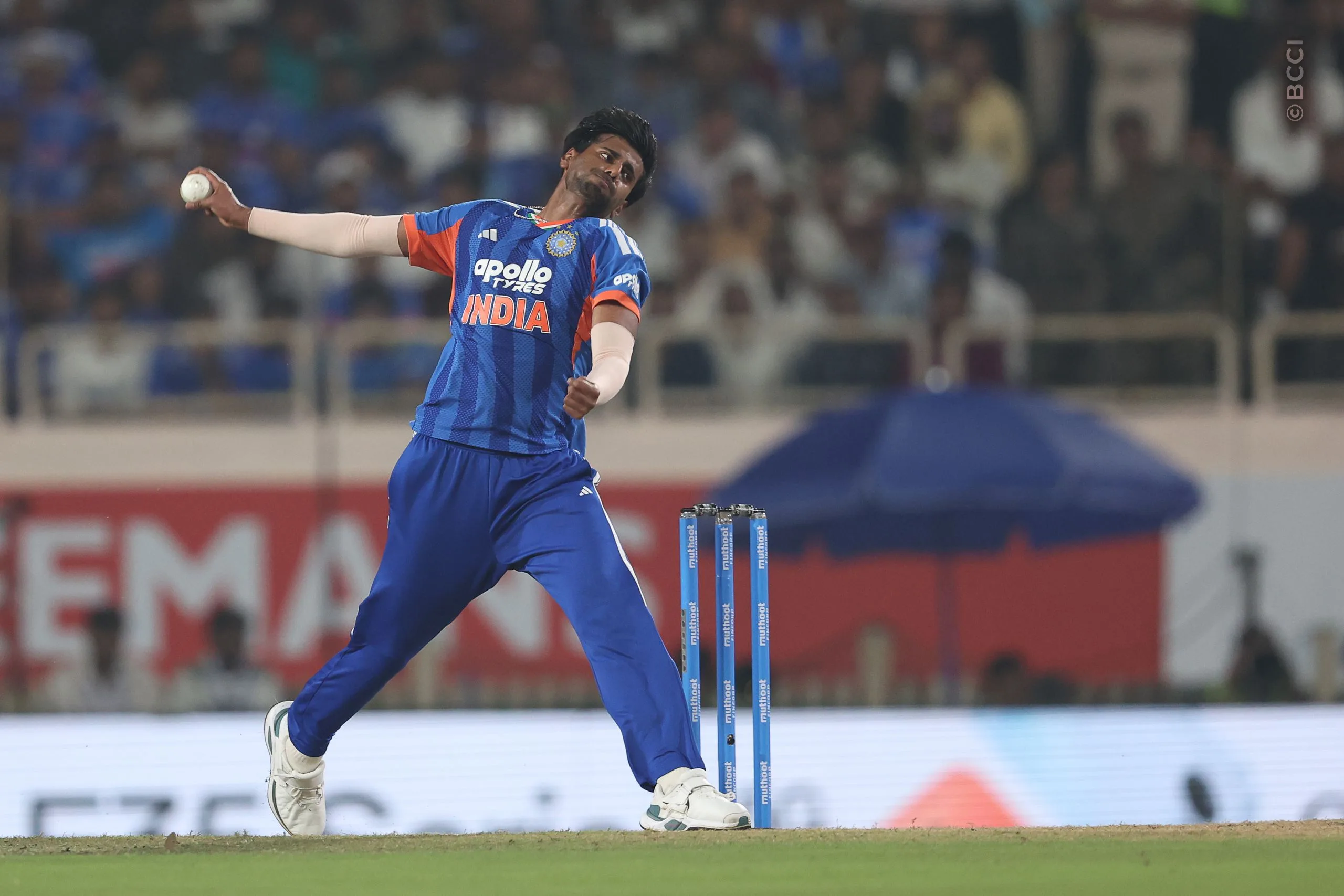 Mayank Yadav of India delivers a ball during the  2nd T20I match between India and West Indies at the JSCA International Stadium Complex, India on October 9, 2026.Photo: Pankaj Nangia / CREIMAS for BCCI