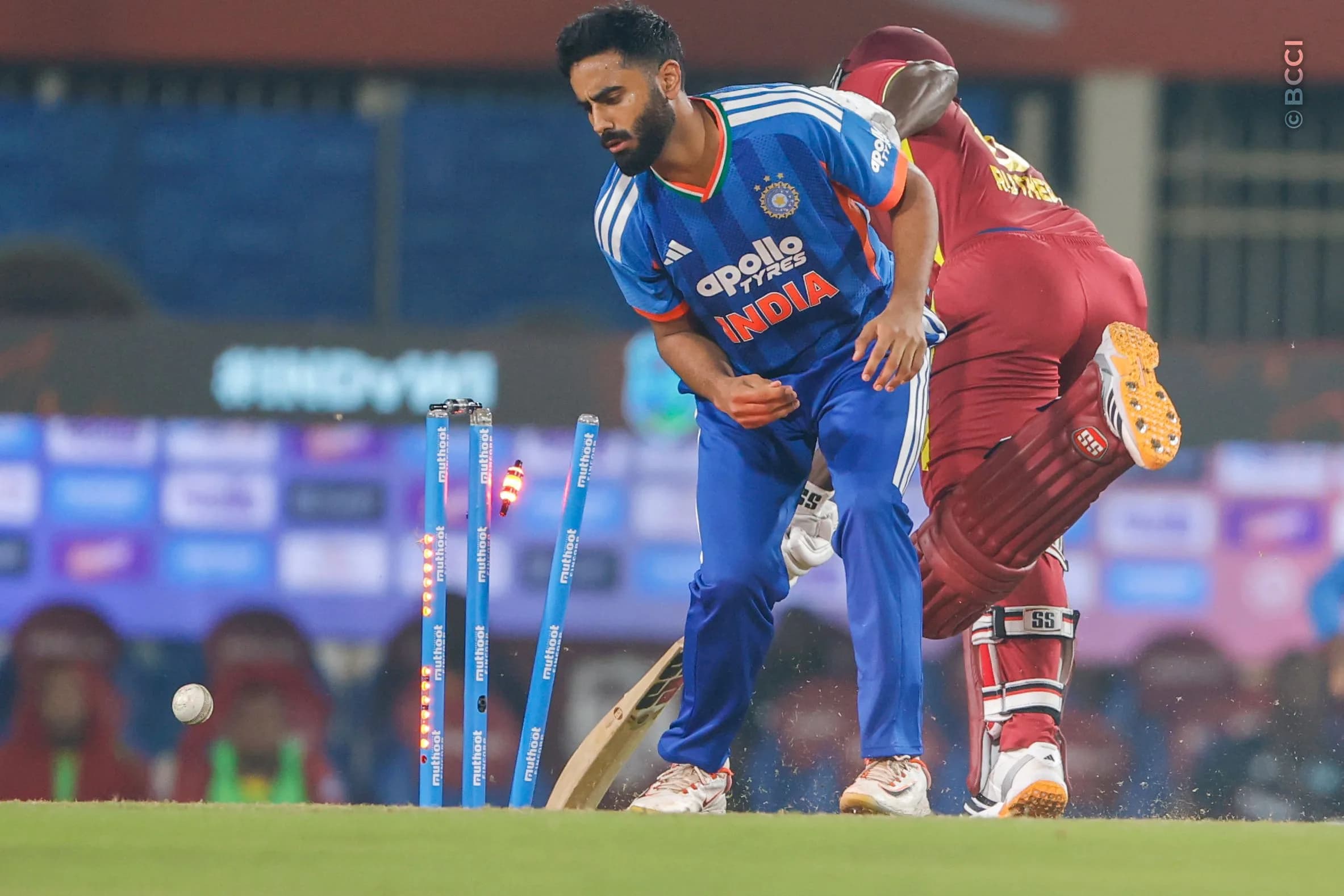 Naman Dhir of India during the 2nd T20I match between India and West Indies at the JSCA International Stadium Complex, Ranchi, India on October 9, 2026.Photo: Surjeet Yadav / CREIMAS for BCCI