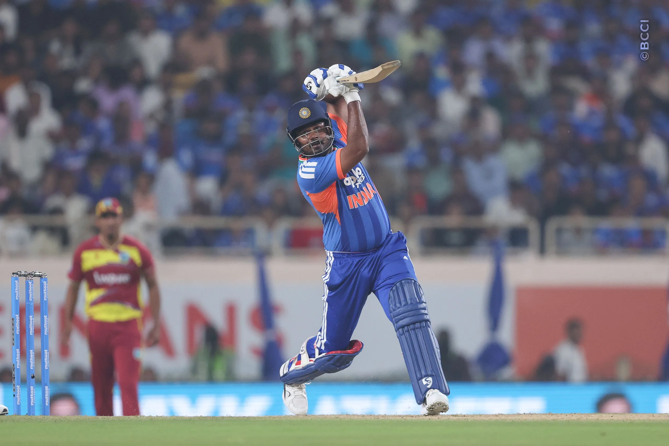 Sanju Samson of India  plays a shot during the 2nd T20I match between India and West Indies at the JSCA International Stadium Complex, India on October 9, 2026.

Photo: Pankaj Nangia / CREIMAS for BCCI