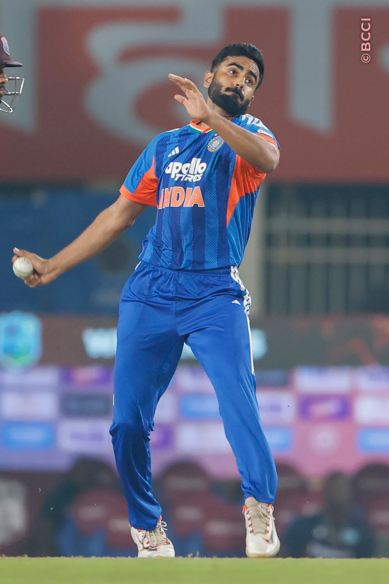 Naman Dhir of India bowls during the 2nd T20I match between India and West Indies at the JSCA International Stadium Complex, Ranchi, India on October 9, 2026.Photo: Surjeet Yadav / CREIMAS for BCCI