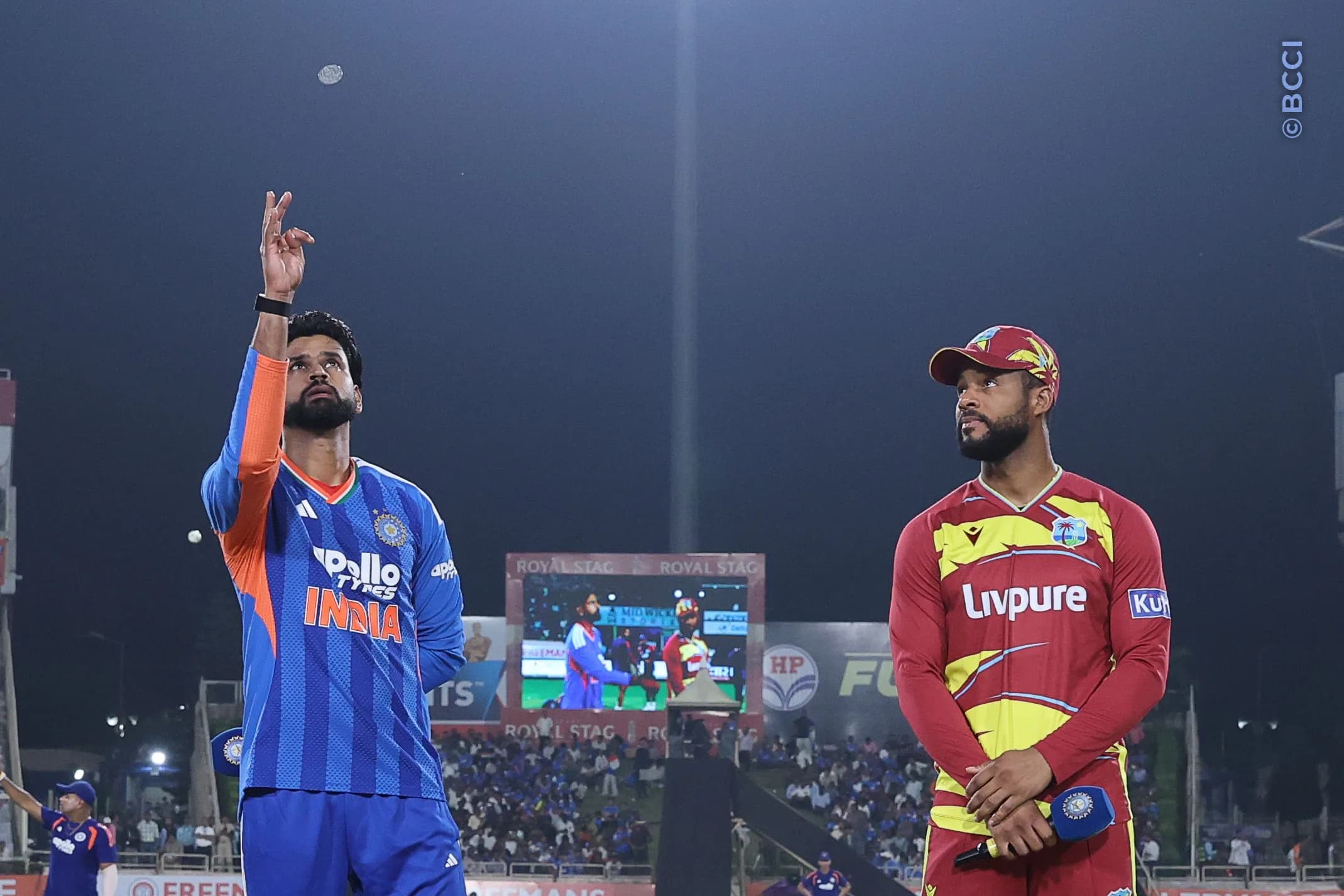 Shreyas Iyer of India and Shai Hope of West Indies at the toss during the 2nd T20I match between India and West Indies at the JSCA International Stadium Complex, India on October 9, 2026.

Photo: Pankaj Nangia / CREIMAS for BCCI