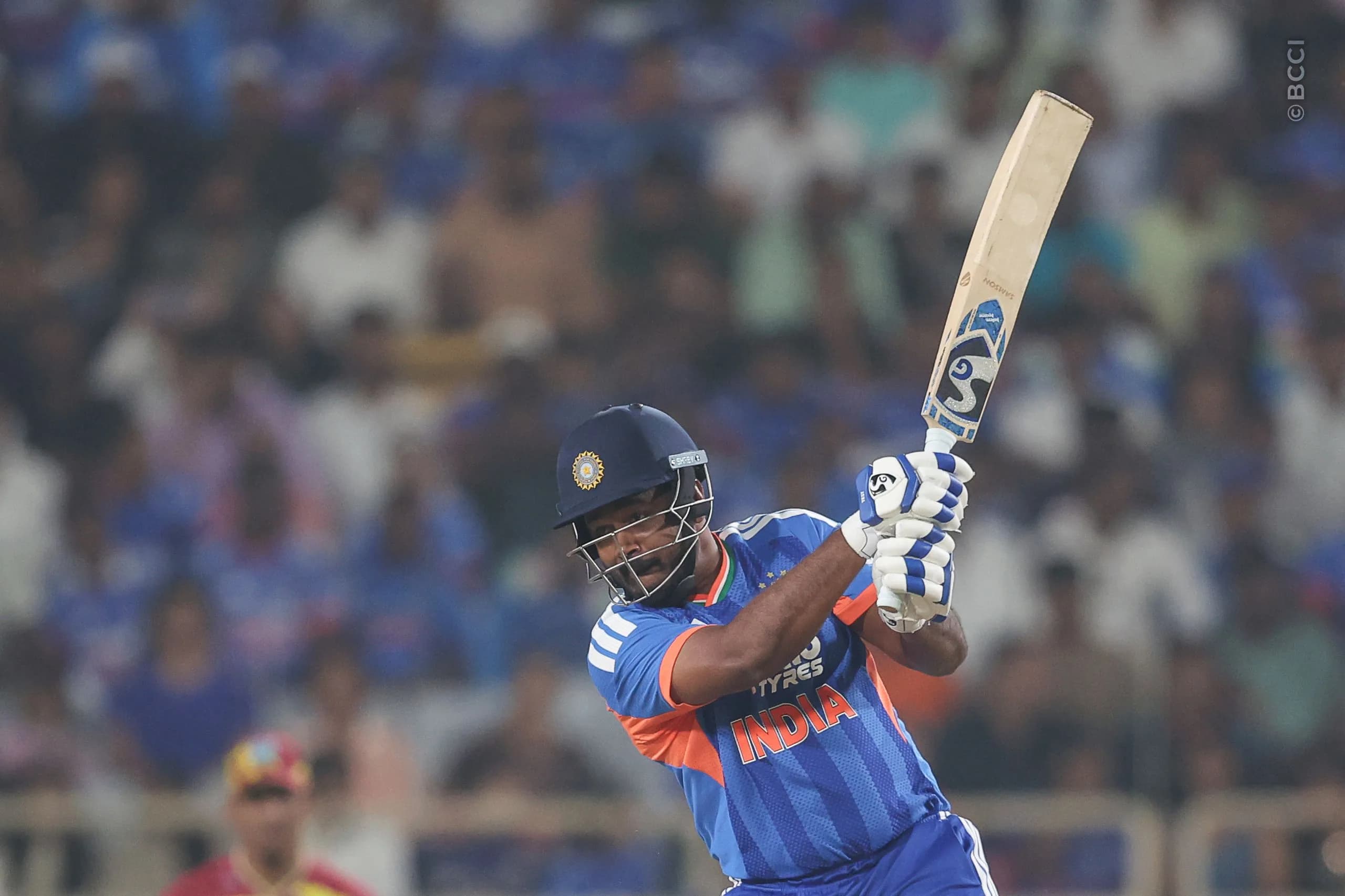 Sanju Samson of India  plays a shot during the 2nd T20I match between India and West Indies at the JSCA International Stadium Complex, India on October 9, 2026.

Photo: Pankaj Nangia / CREIMAS for BCCI
